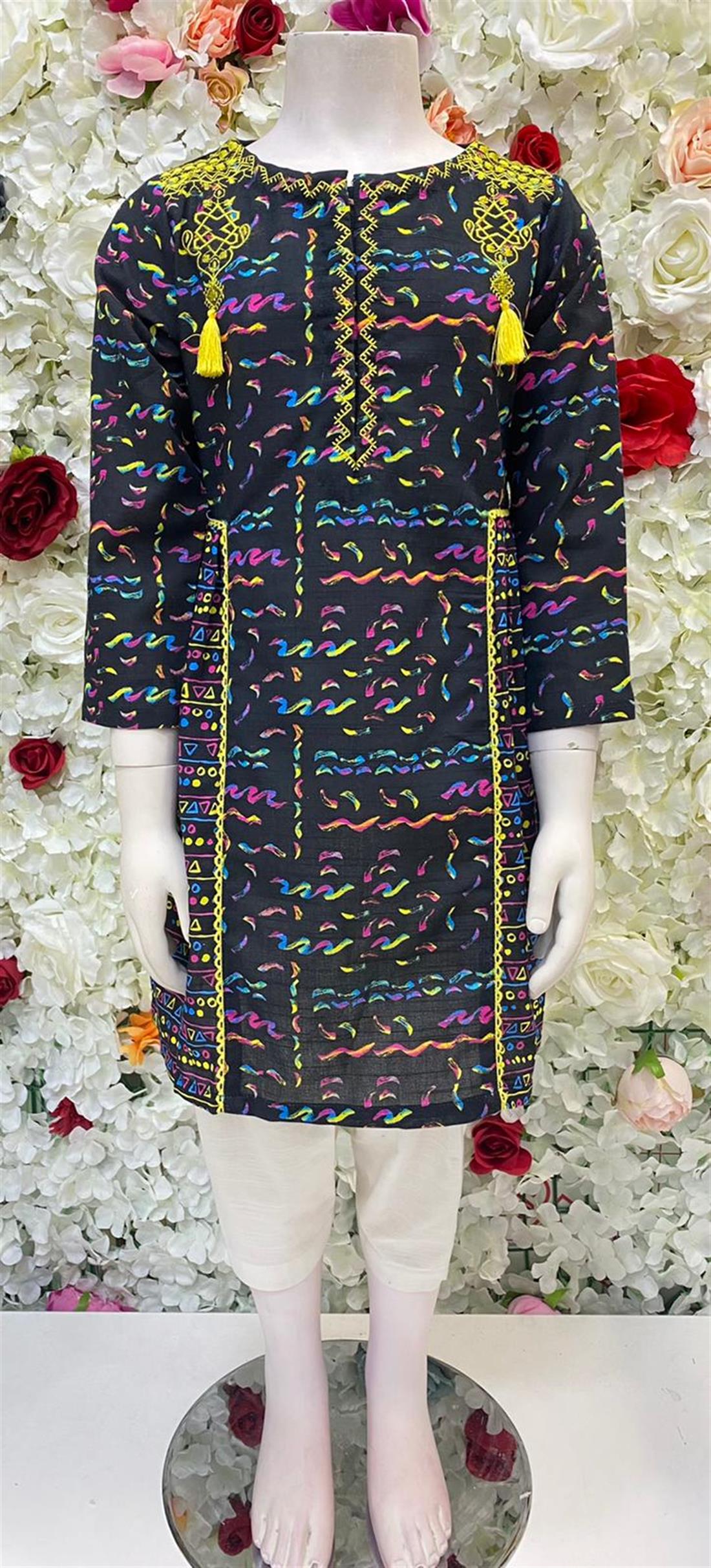 Black & Multicolour Digital Printed Khadar Frock Style Kurta.