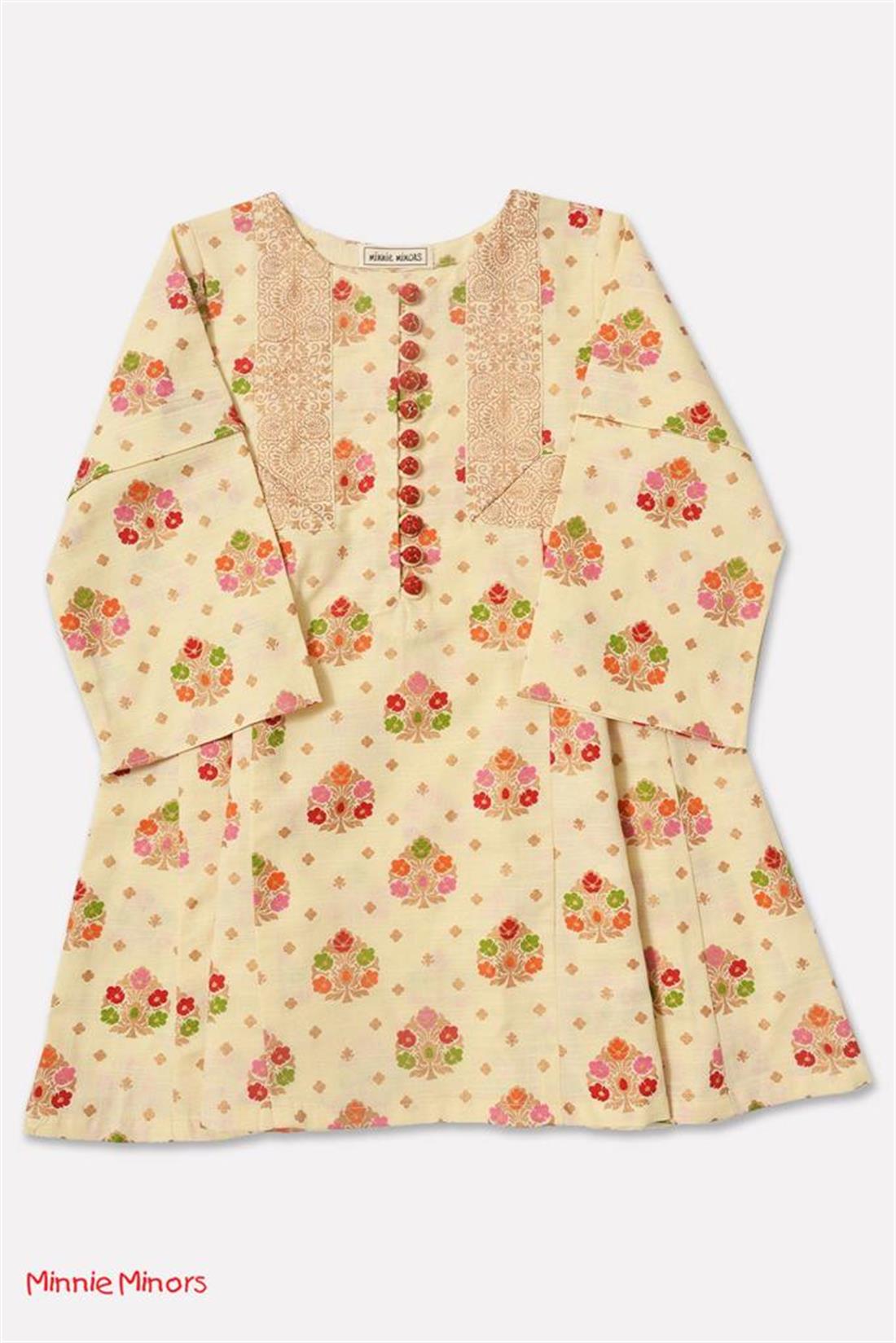 Cream & Multicolour Printed Khadar Frock Kurta with Hand Embellishment.