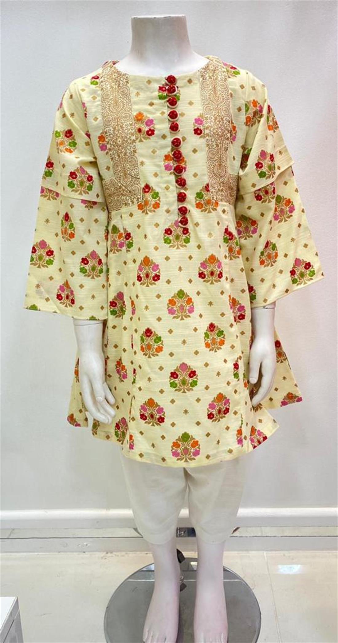 Cream & Multicolour Printed Khadar Frock Kurta with Hand Embellishment.