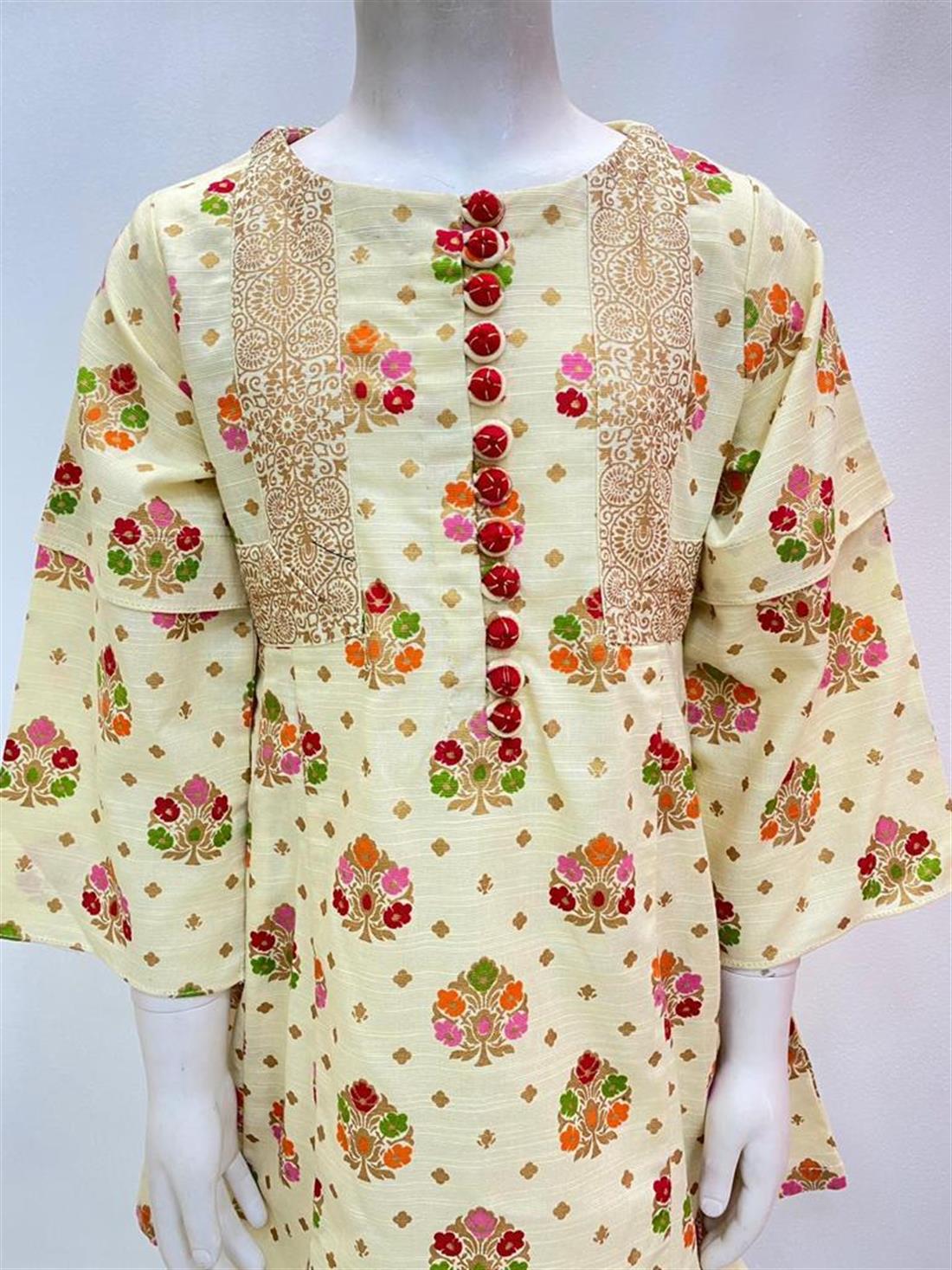 Cream & Multicolour Printed Khadar Frock Kurta with Hand Embellishment.
