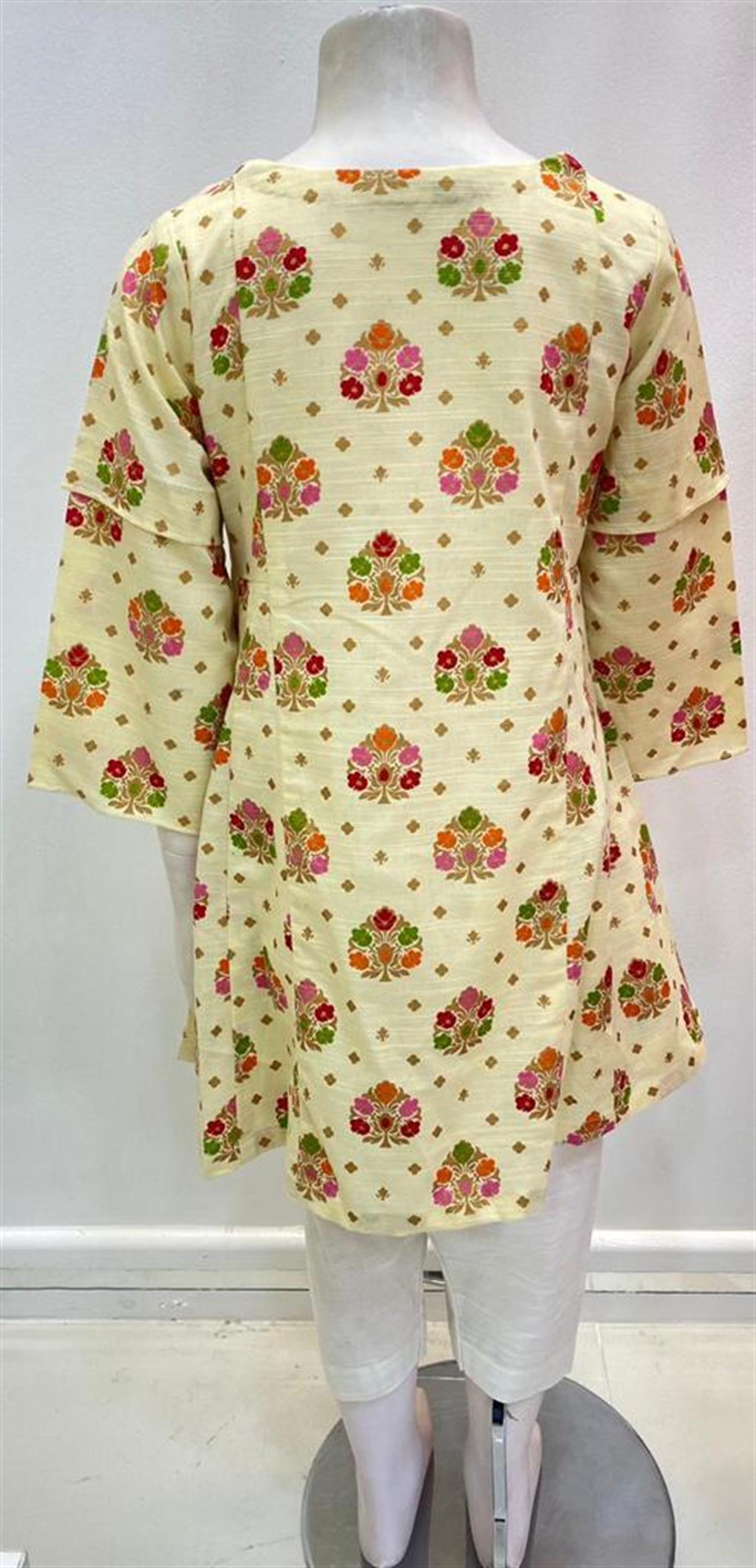 Cream & Multicolour Printed Khadar Frock Kurta with Hand Embellishment.