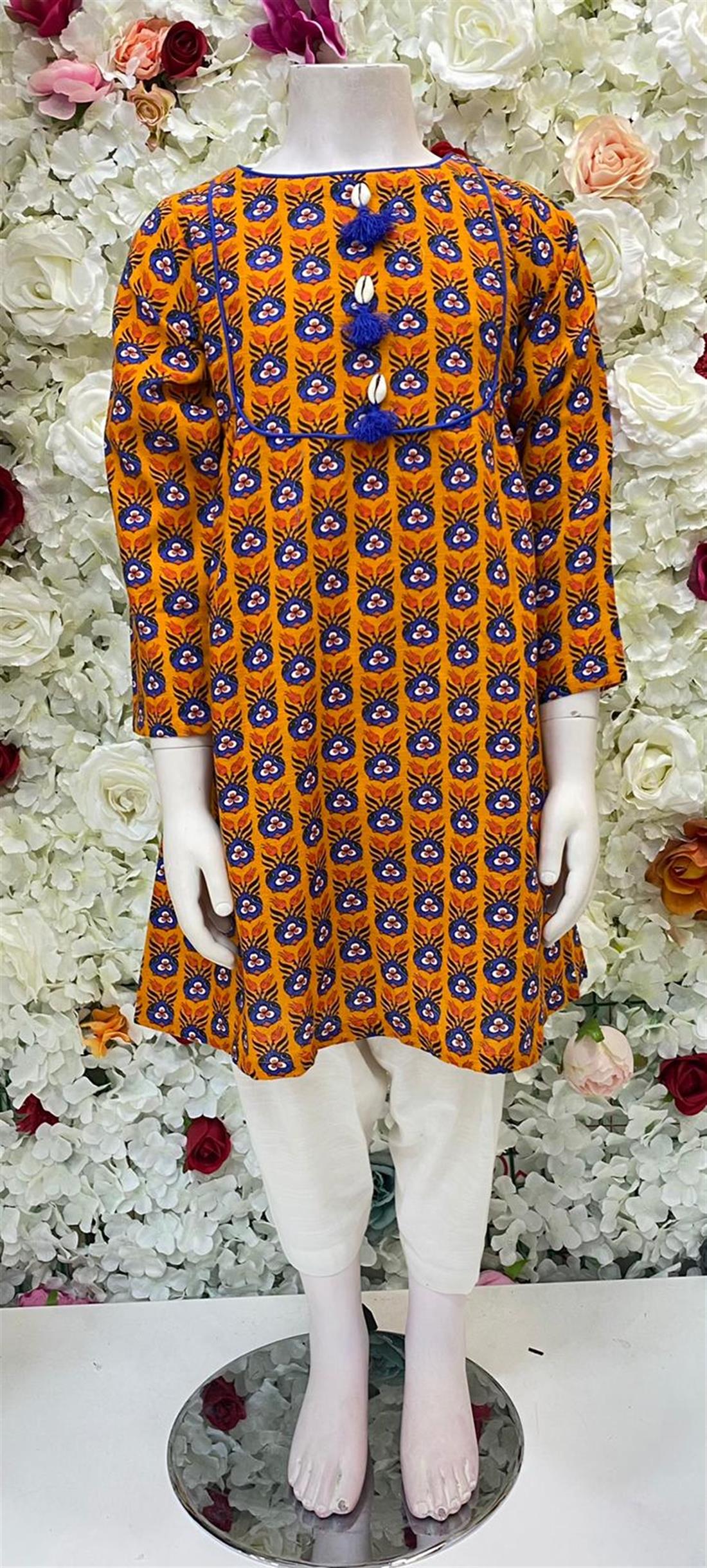 Orange & Blue Digital Printed Khadar Frock Style Kurta.