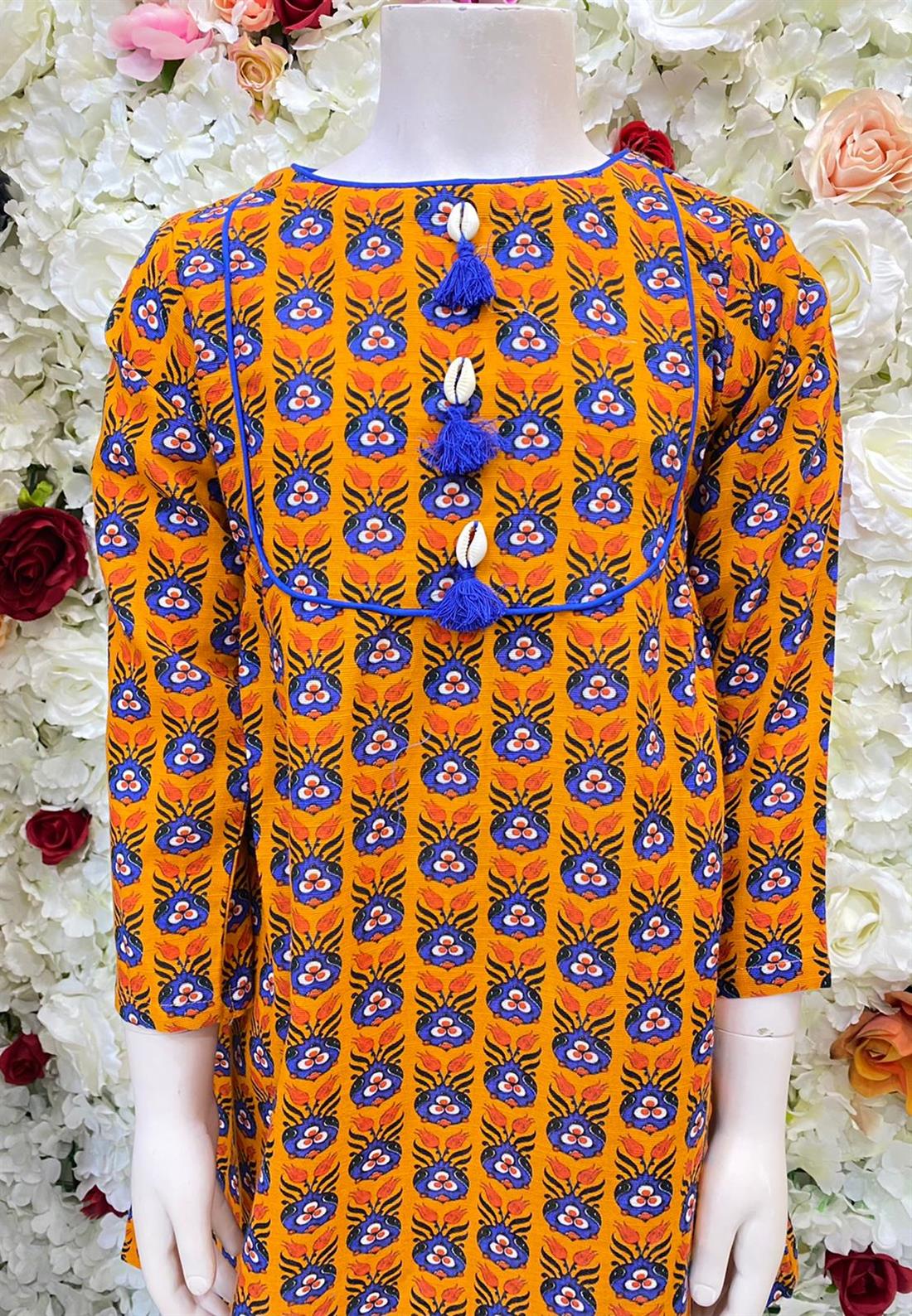 Orange & Blue Digital Printed Khadar Frock Style Kurta.