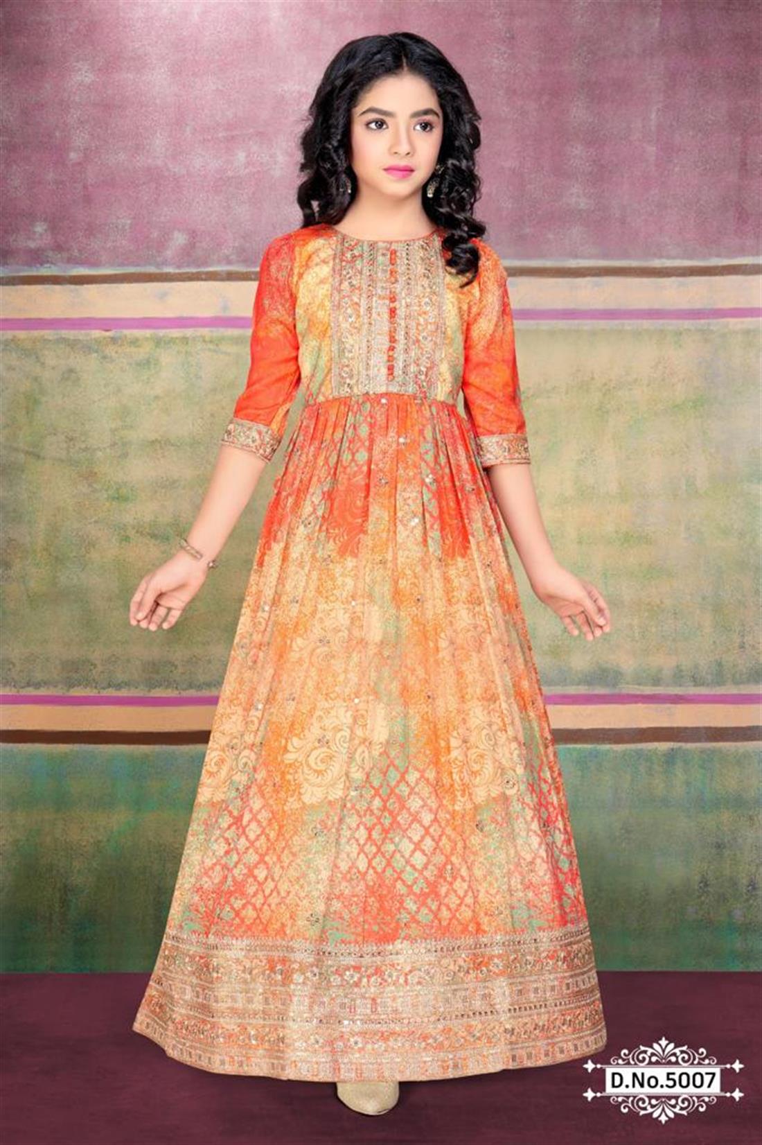 Orange Digital Print Silk Girlswear