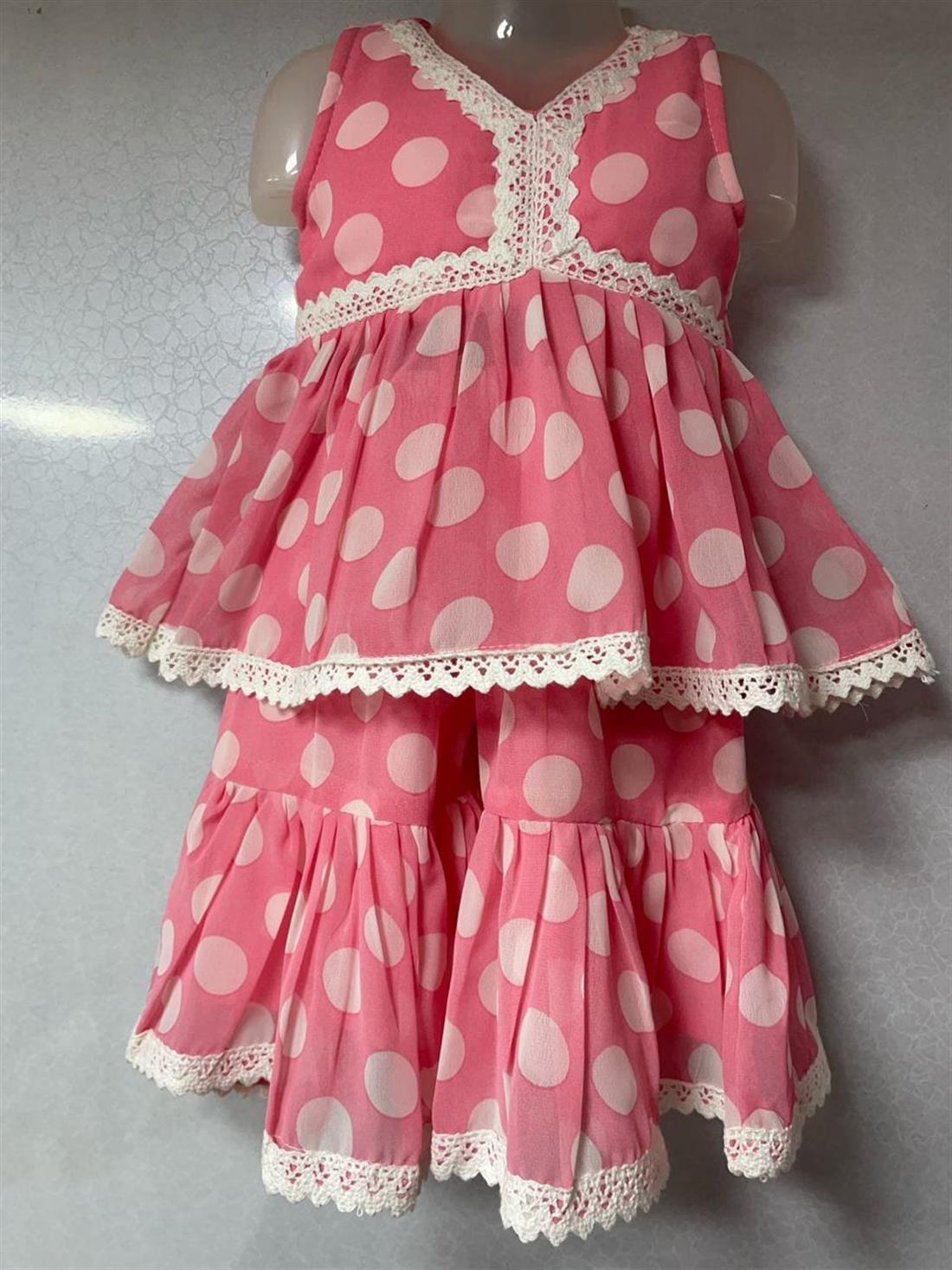 Pink 3 Piece Kids Dress with Gharara and Net Duppatta.