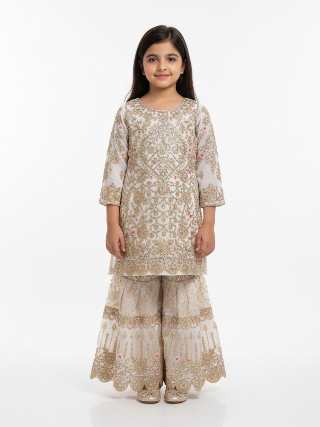 Cream & Pink Sharara Girls Suits