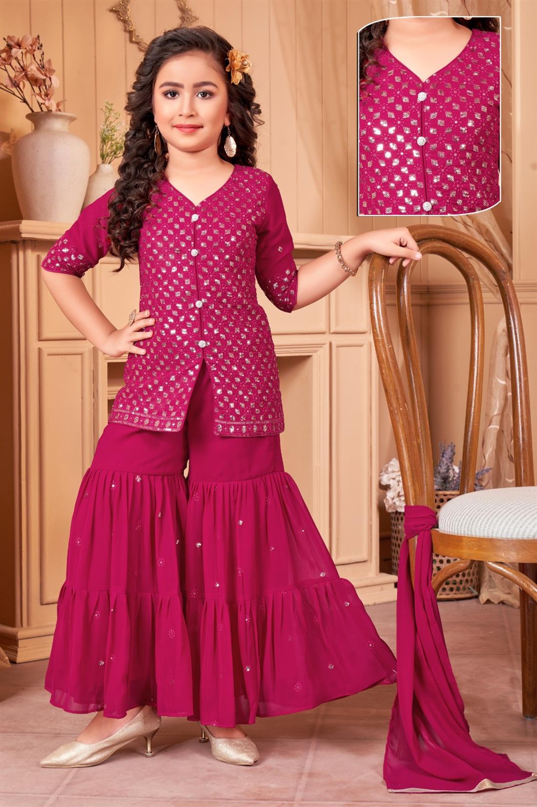 Pink Chiffon Sharara Girls Suits