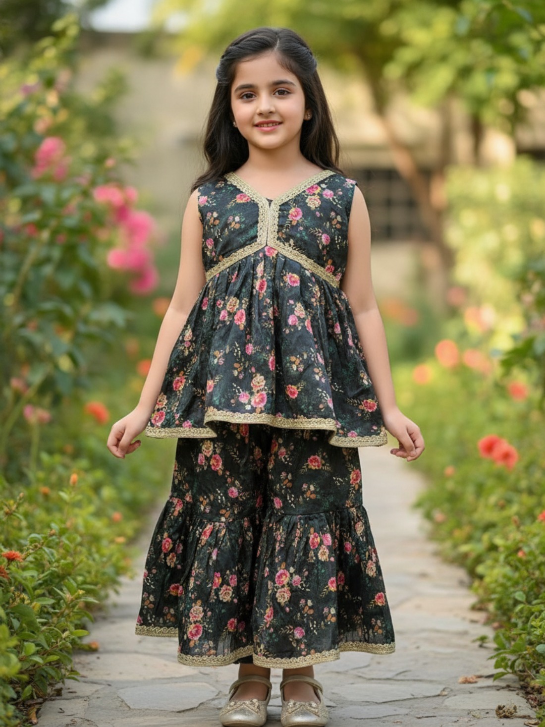 Dark Green Printed Net Gharara Girls Suits