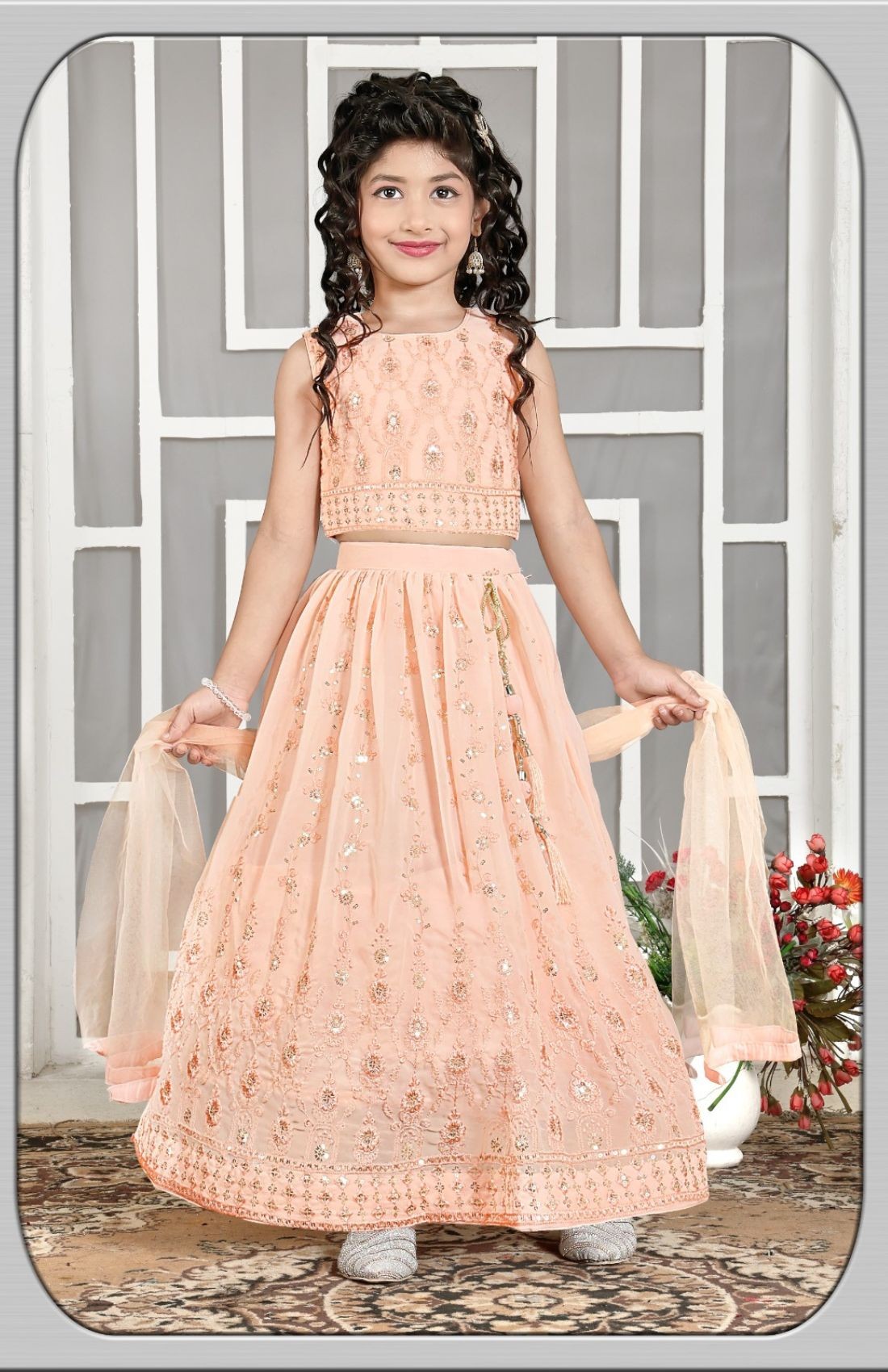 Peach Embroidered 3 Piece Girls Outfit