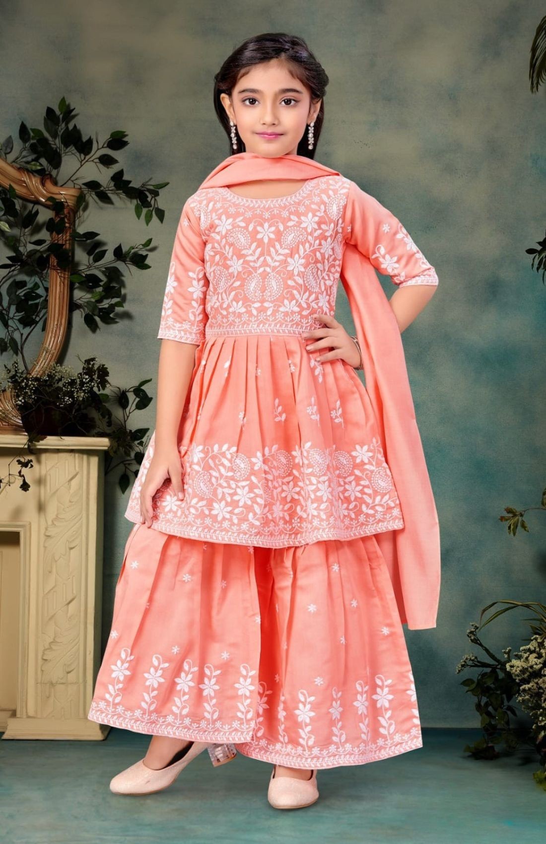 Peach Embroidered Gilrs Outfit