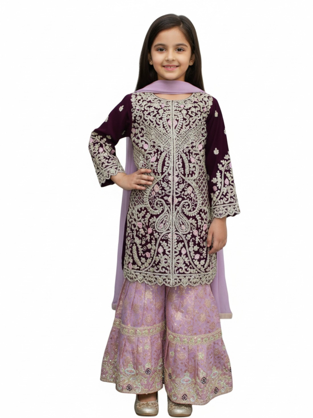 Purple Embroidered Girls Readymade 3 Piece Suit