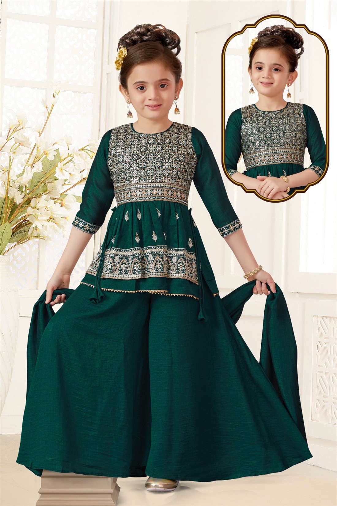 Green Embroidered Girls Readymade 3 Piece Suit