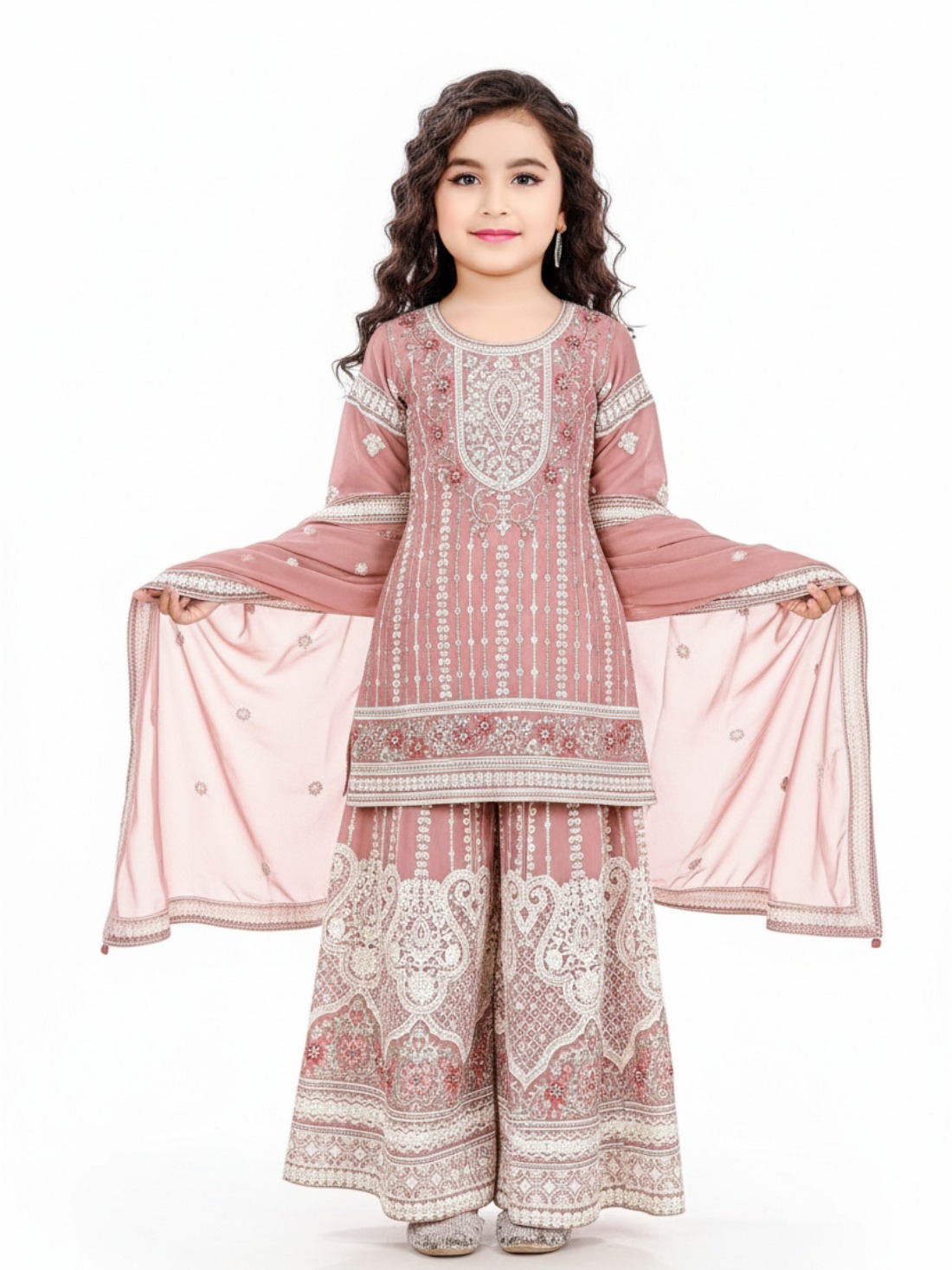 Ice Peach Embroidered Girls Readymade 3 Piece Suit