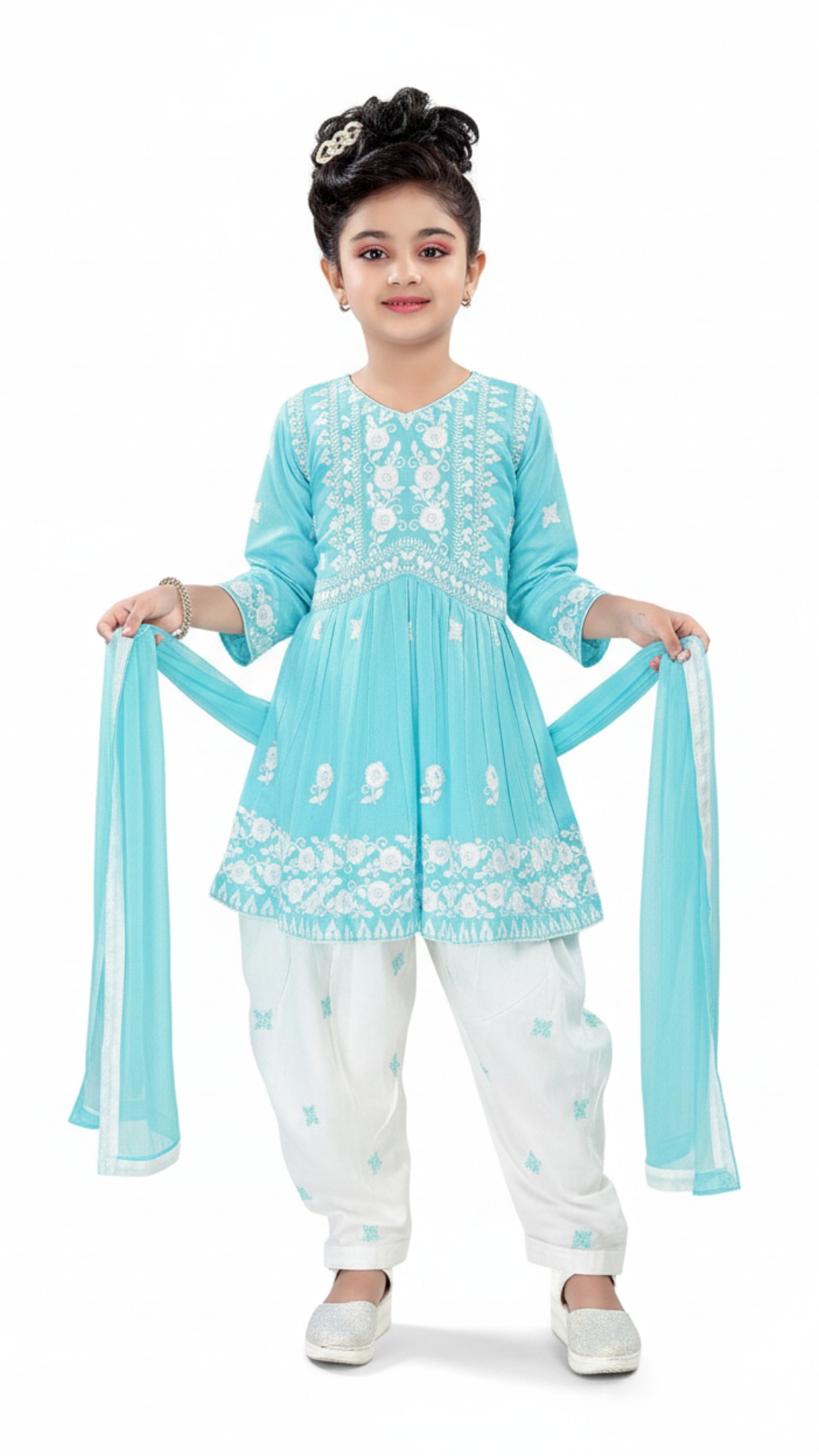 Girls 3 piece readymade outfits comes with embroidery machine work. Ideal for all occasions.
Please note colours may vary slightly due to different screen settings, you have any doubt about a certain colour or shade, please let us know via live chat, phone, or email and we will do our very best to help you choose.