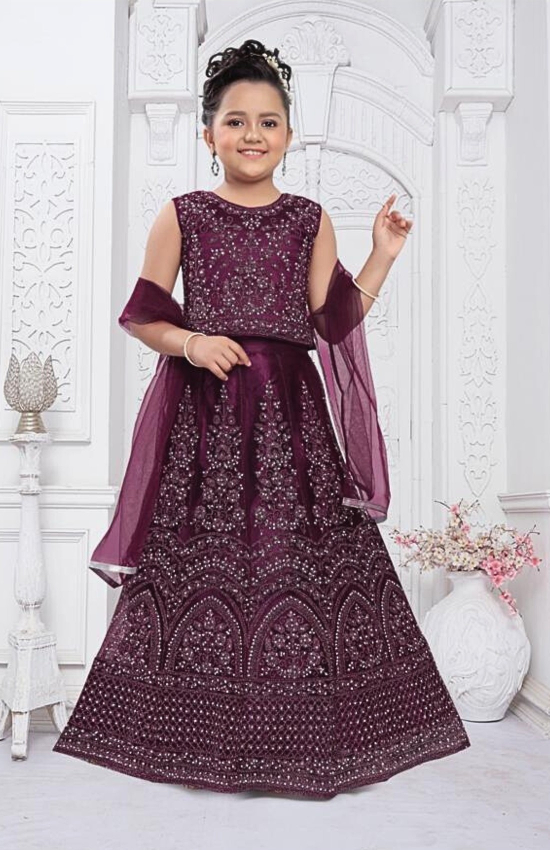 Plum Embroidered Girls 3 Piece Readymade Suit