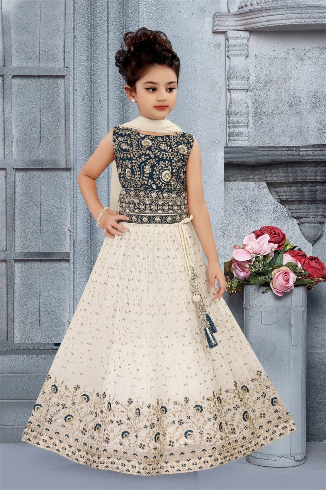 Navy & Cream Embroidered Girls 3 Piece Readymade Suit