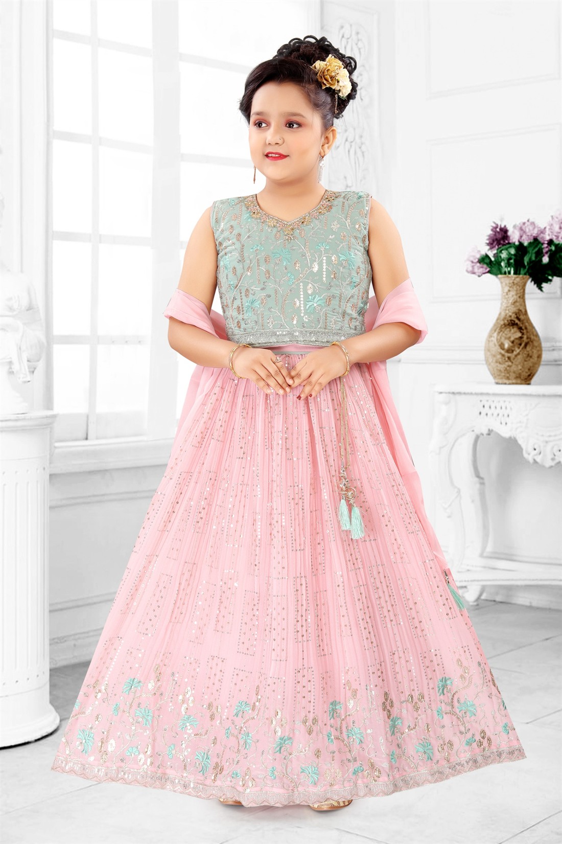 Mint Embroidered Girls 3 Piece Readymade Suit