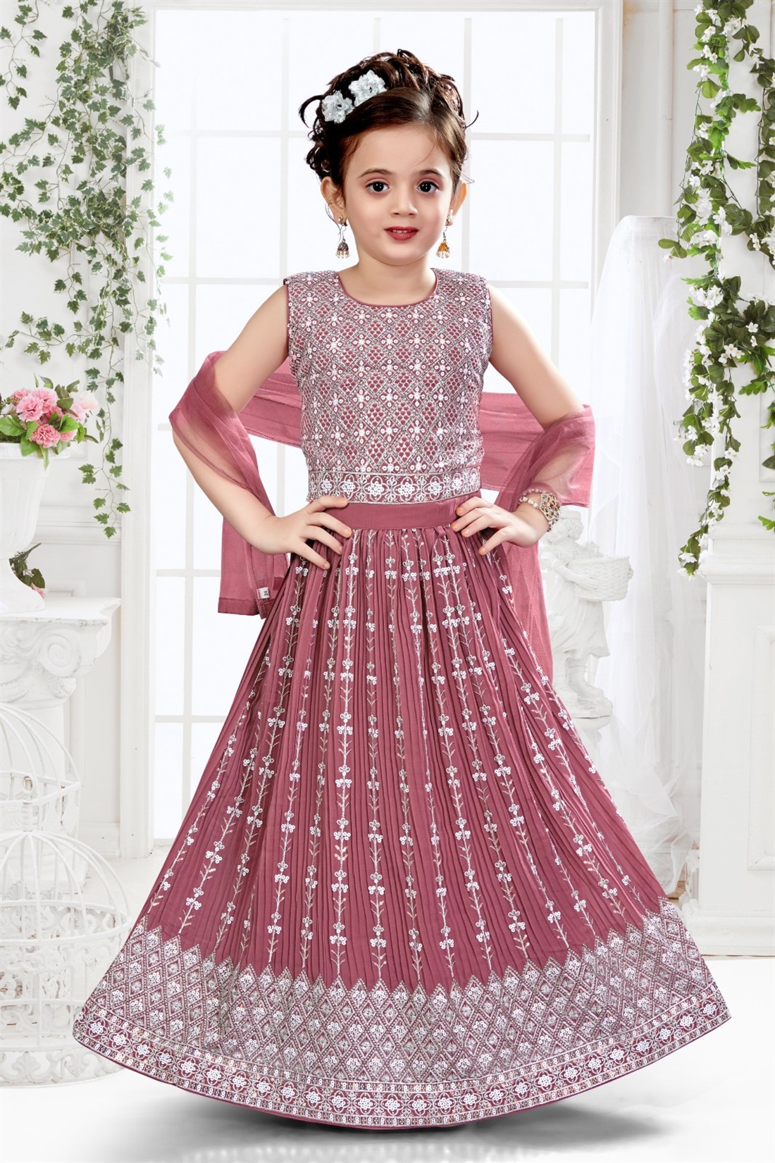 Cerise Embroidered Girls 3 Piece Readymade Suit