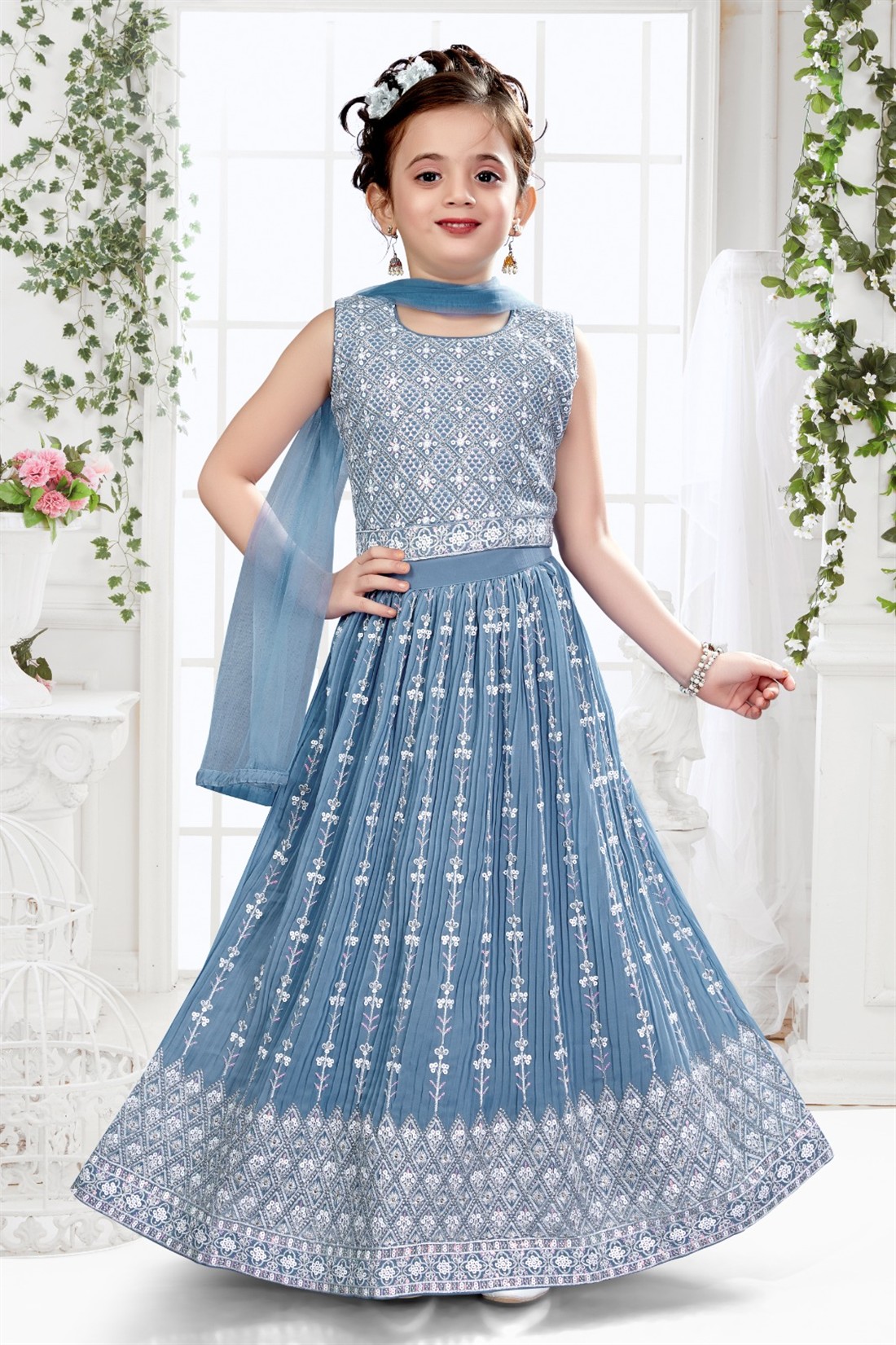 Denim Embroidered Girls 3 Piece Readymade Suit