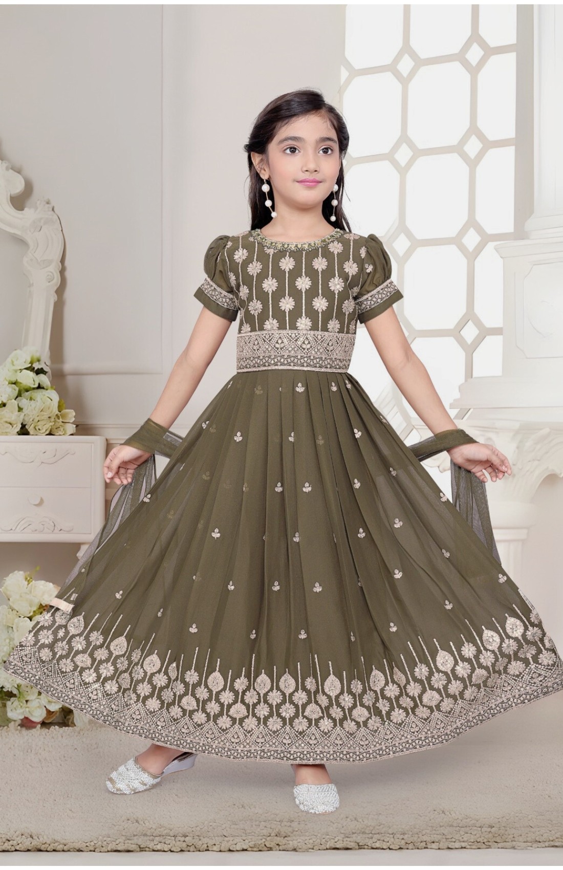 Olive Green Embroidered Girls Ready Made Suit