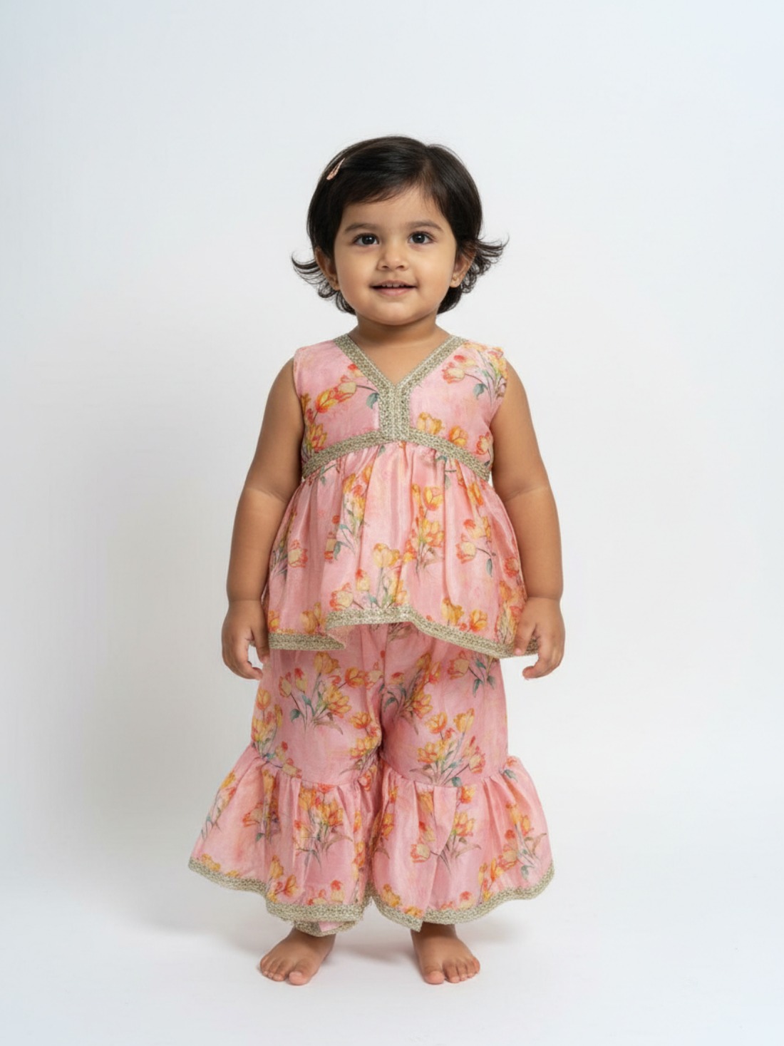 Pink & Multicolour Girls Readymade Suit