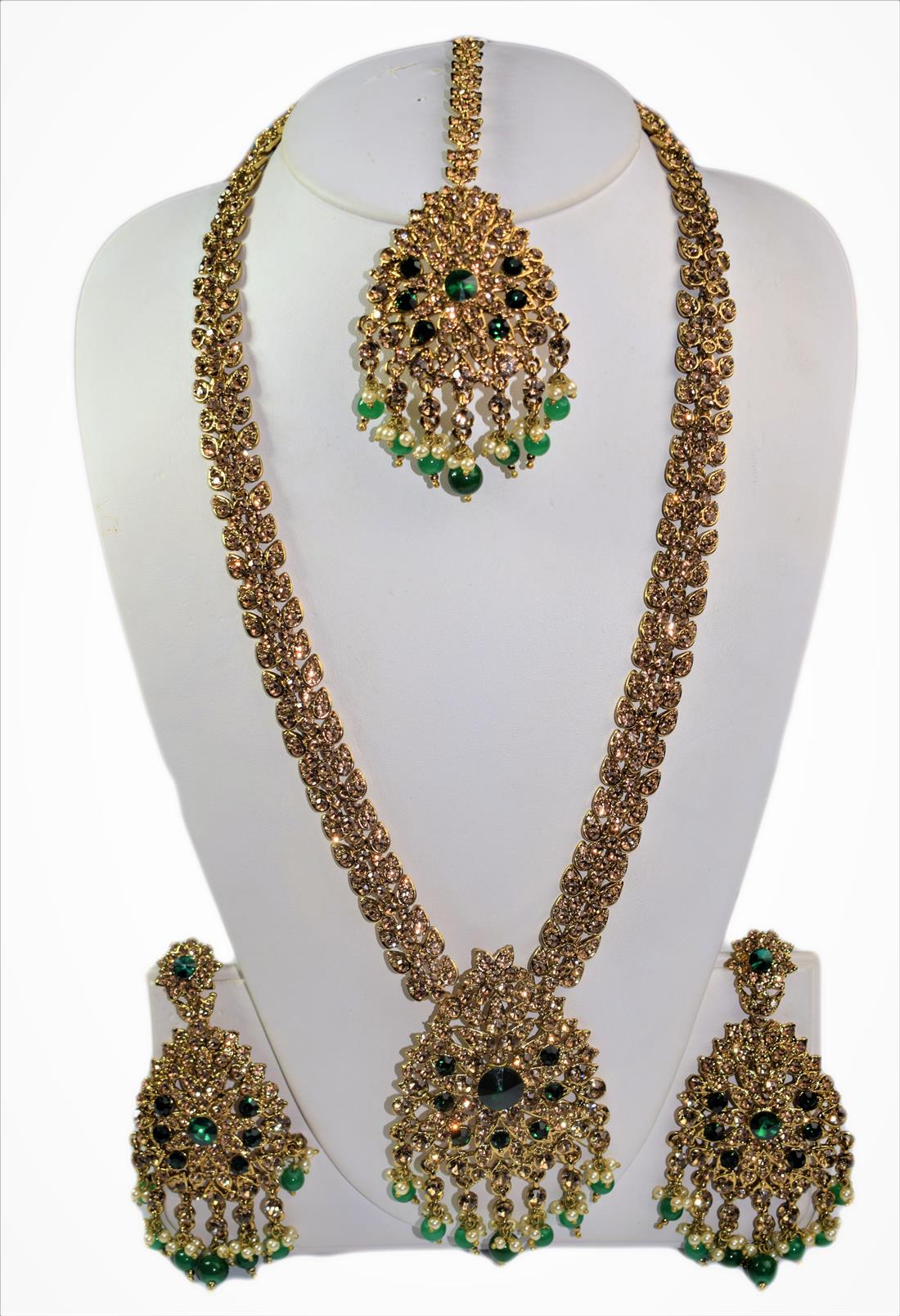 Gold & Green Mala Earrings Tikka Set