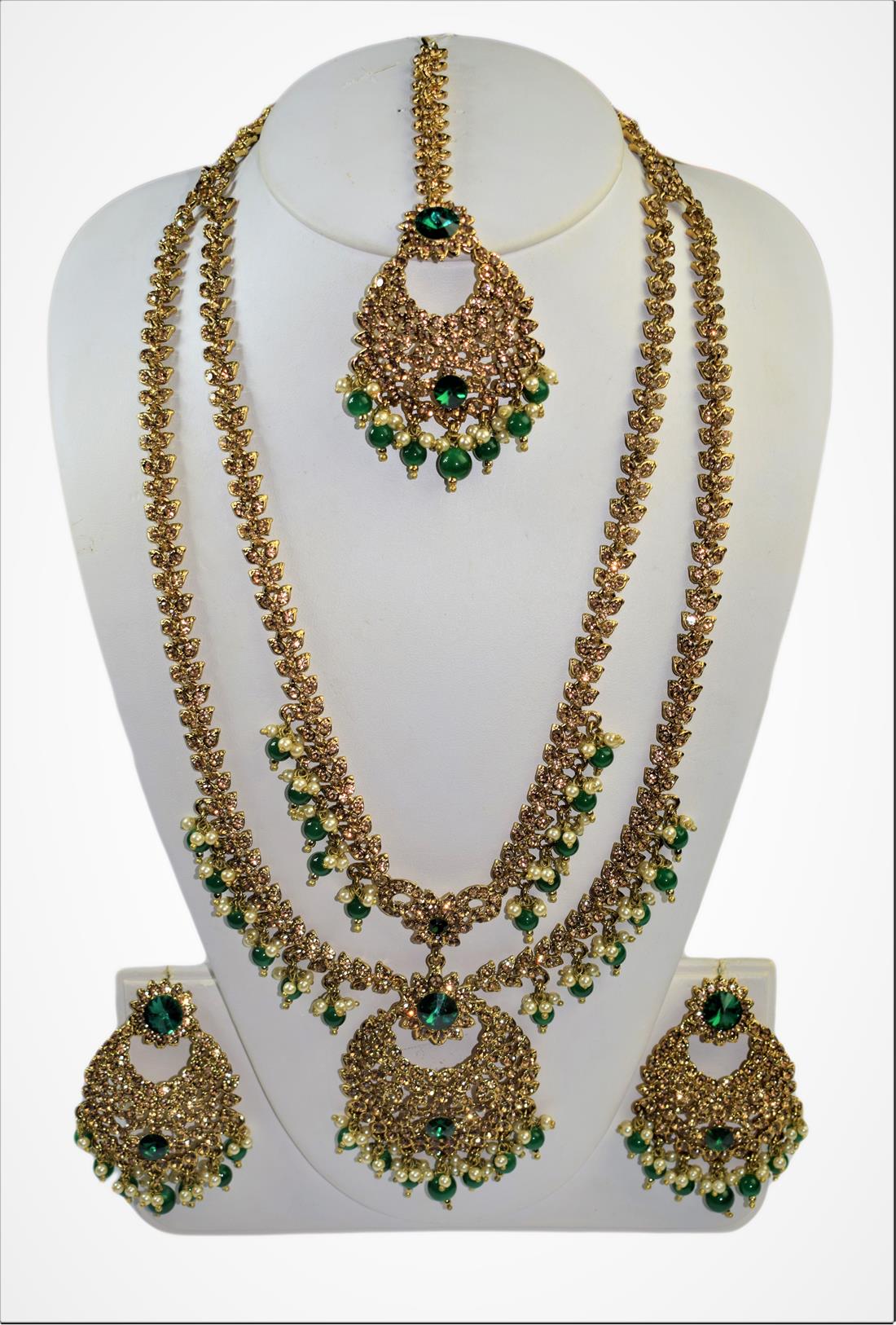 Gold & Green Mala Earrings Tikka Set
