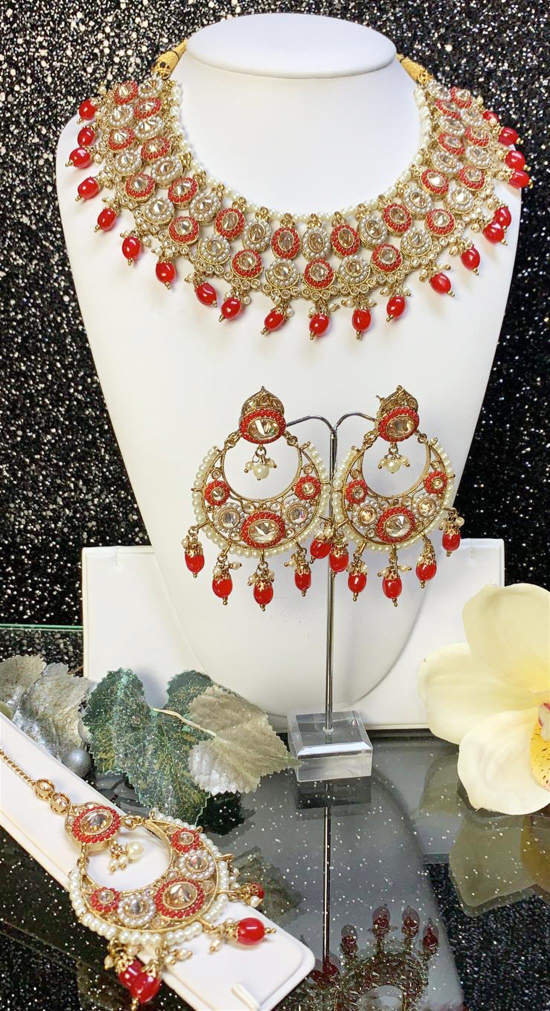 Red Mala Earrings Tikka Set