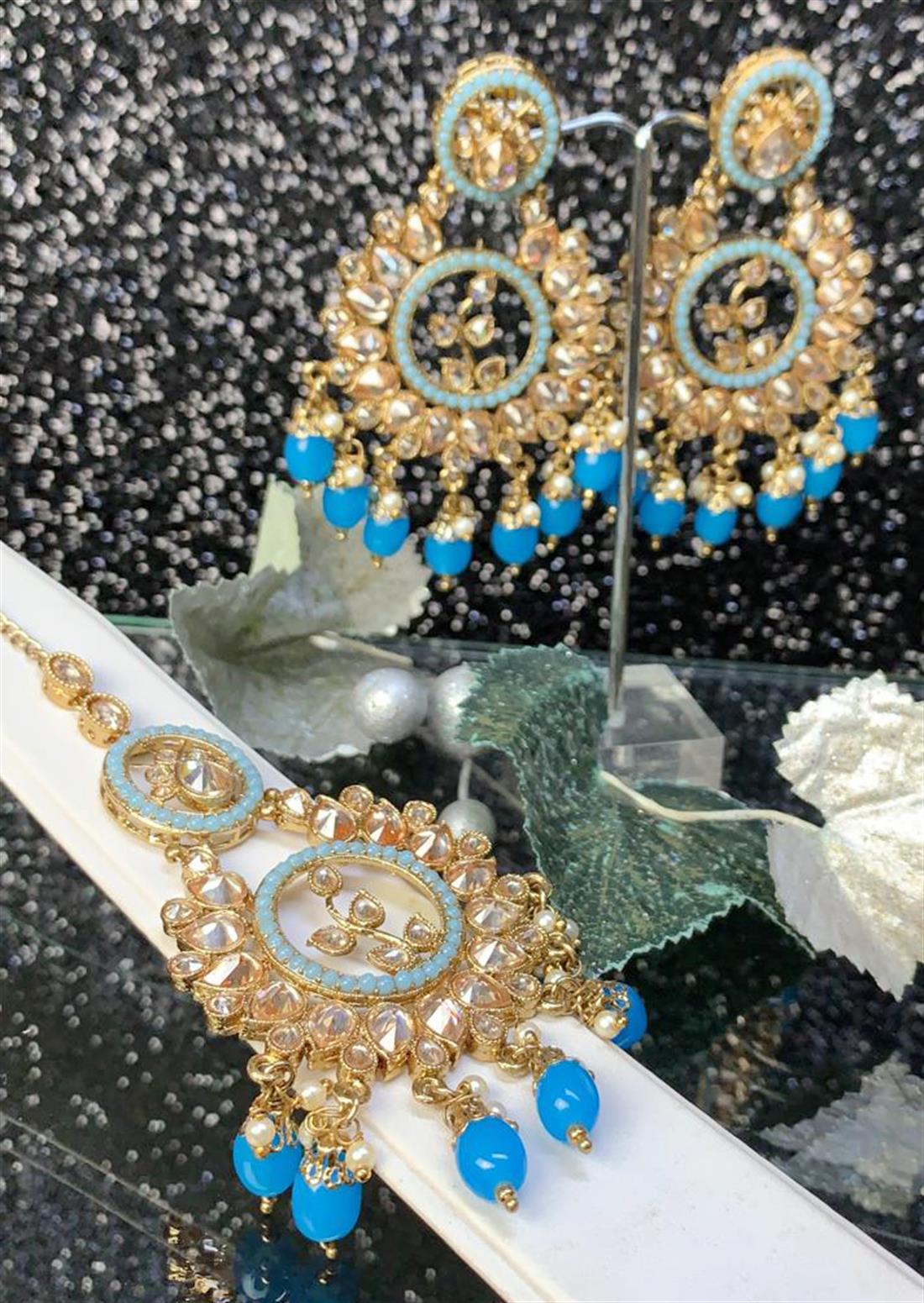 Ferozi Polki Earring Tikka Set, with Beaded Drop