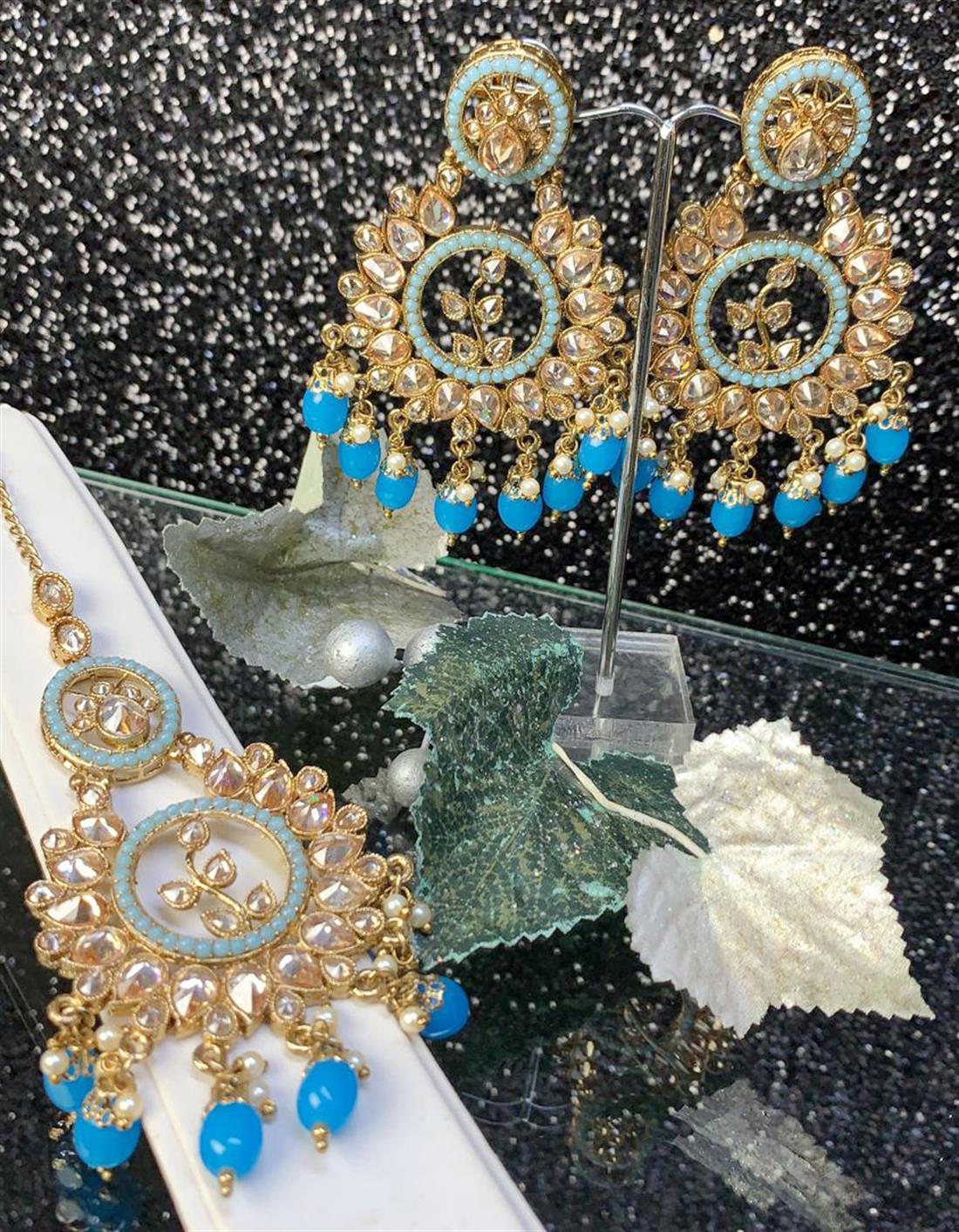 Ferozi Polki Earring Tikka Set, with Beaded Drop