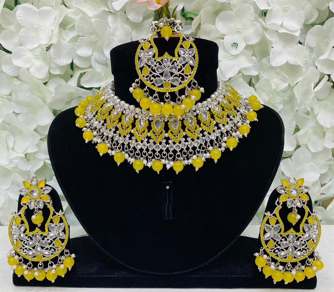 Lime Yellow Stone Work Necklace Sets