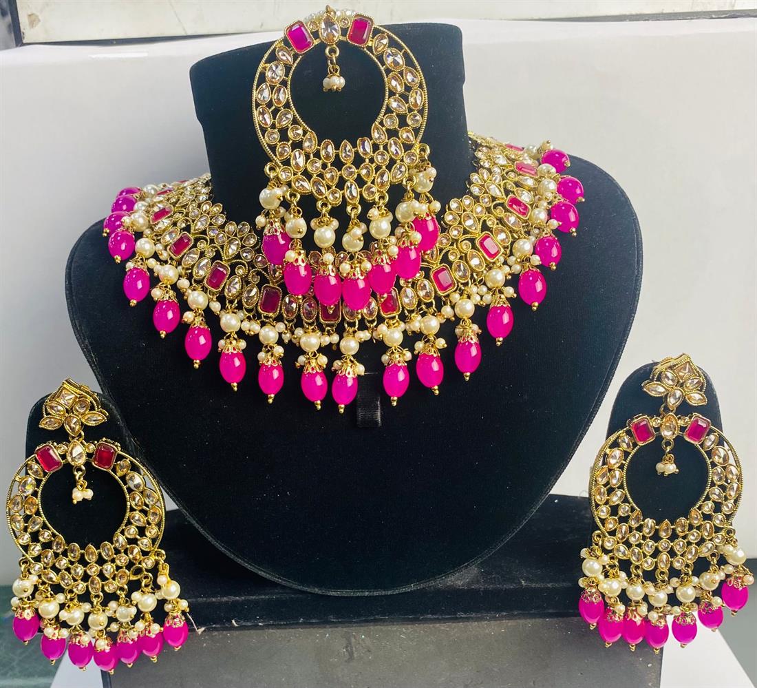 Pink Stone Work Necklace Sets