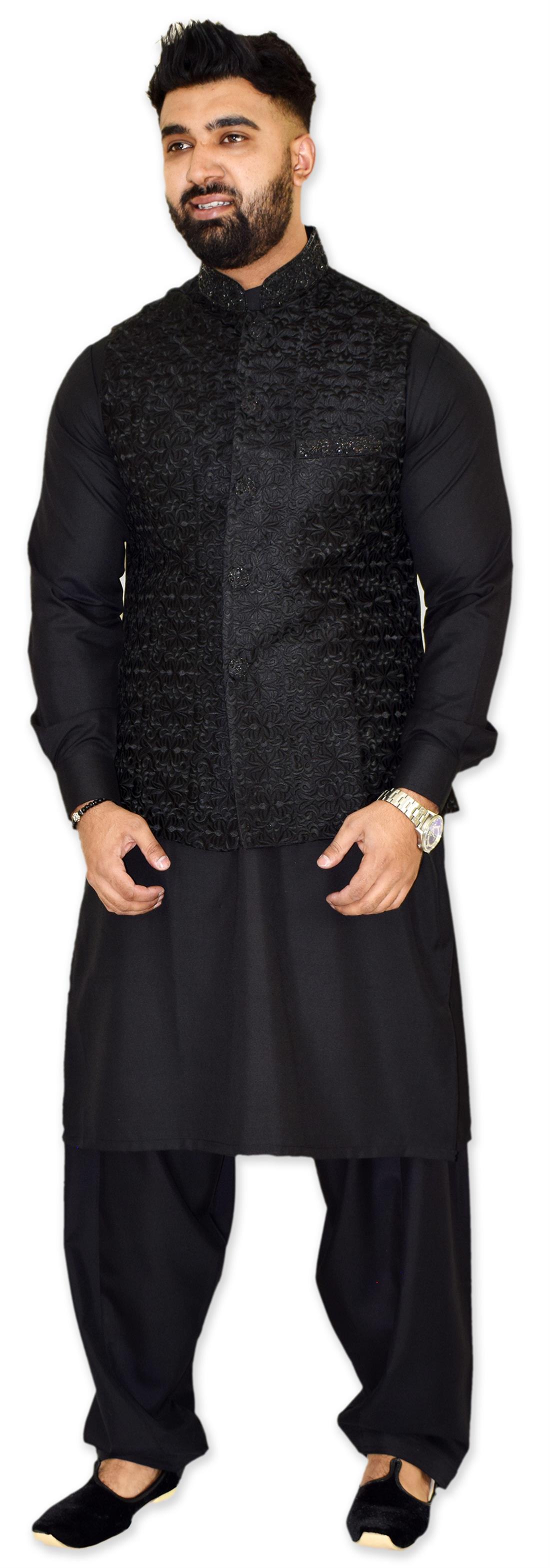 Black Silk Waistcoat with Heavy Art Over Self Embroidery