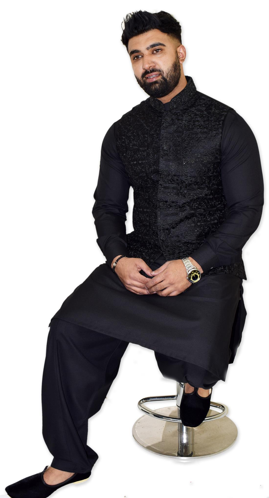 Black Silk Waistcoat with Heavy Art Over Self Embroidery