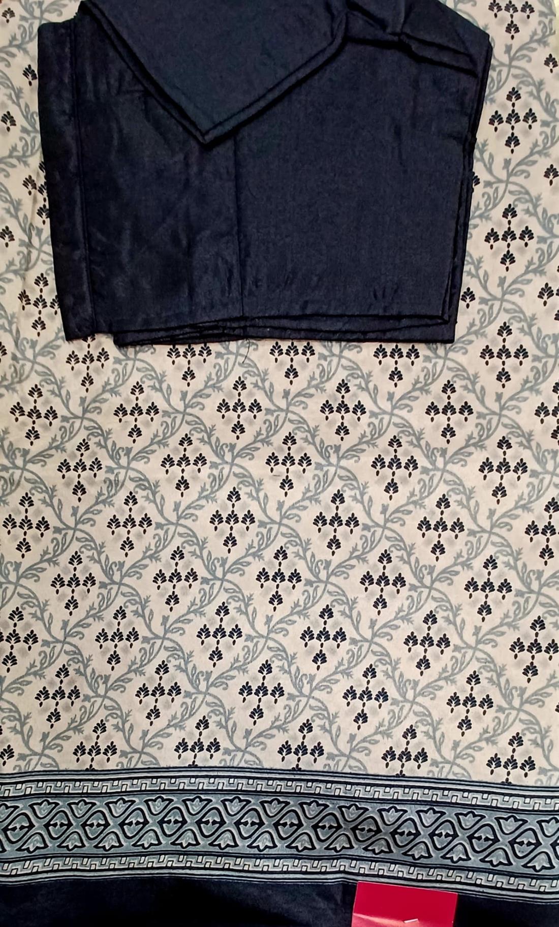 Beige & Black Soft Silk Printed Saree with Readymade Short Sleeve Blouse