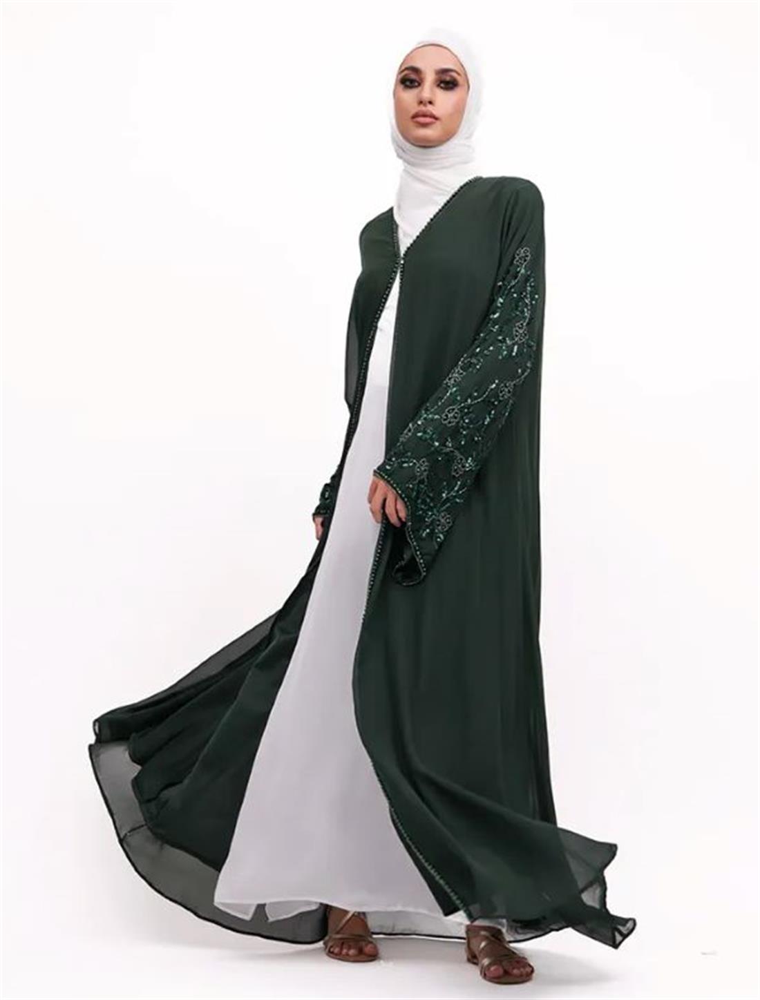 Bottle Green Embroidered Embroided Abaya