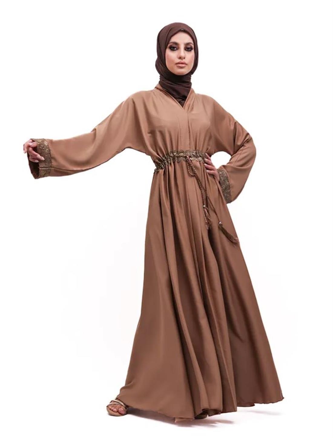 Camel Elegant V-Neck Abaya with Lace Trim and Diamante Accents