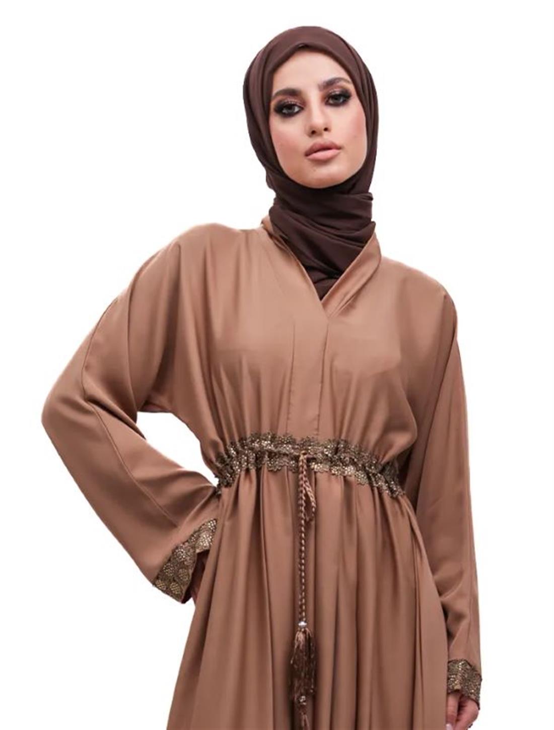 Camel Elegant V-Neck Abaya with Lace Trim and Diamante Accents