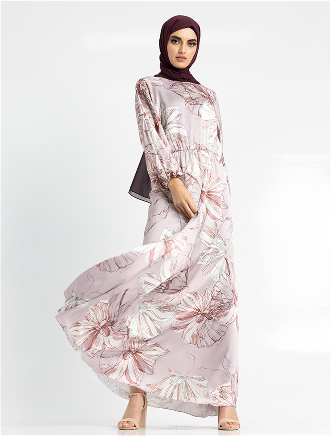 Dusky Pink Maxi Dress with Mandarin Collar and Belt