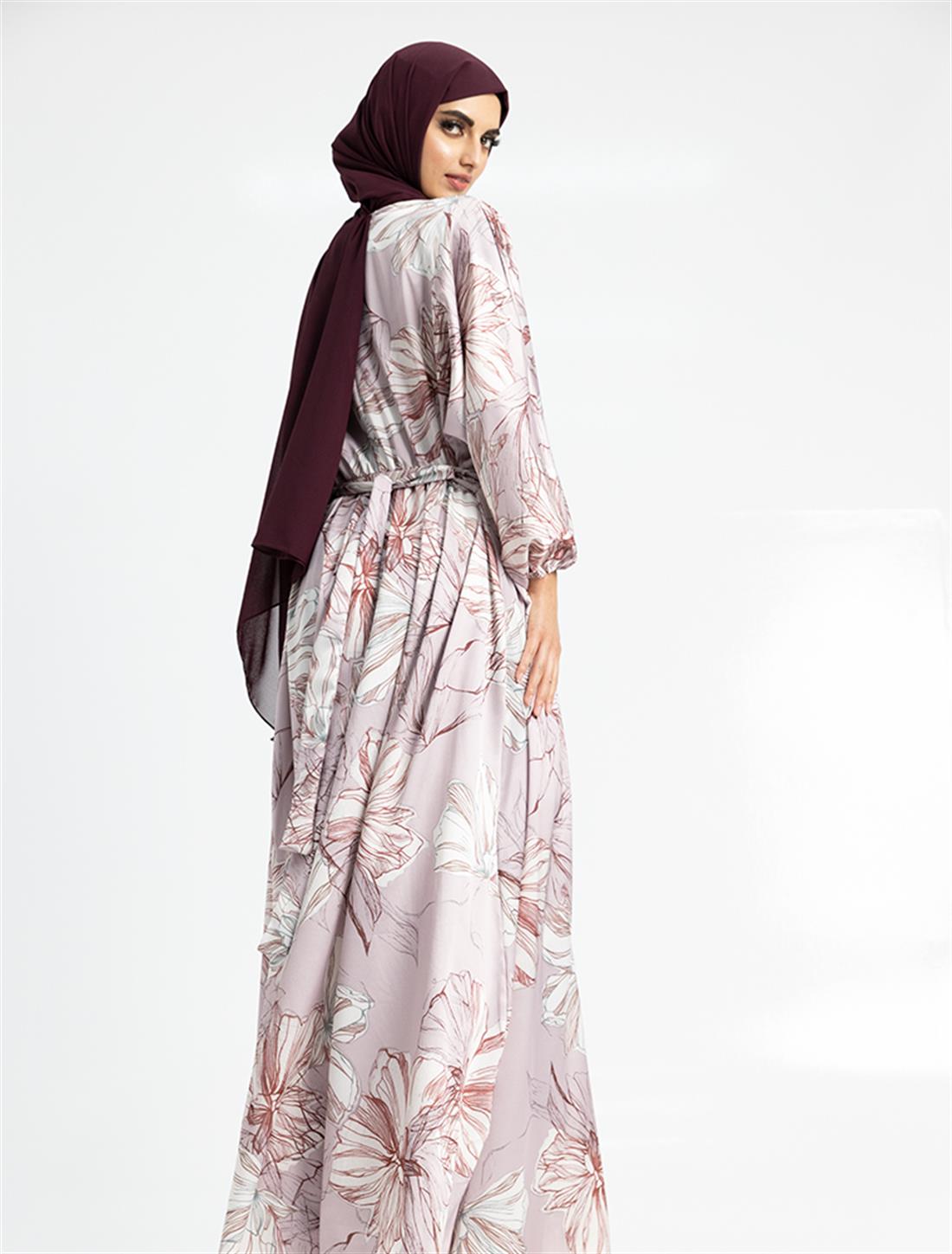 Dusky Pink Maxi Dress with Mandarin Collar and Belt