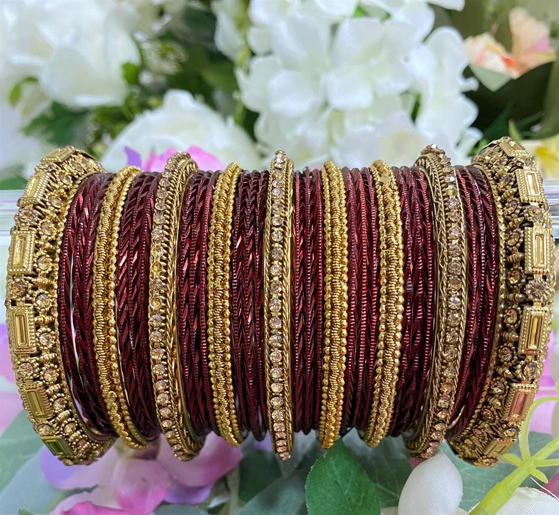 Maroon & Gold Embroidered Bangles