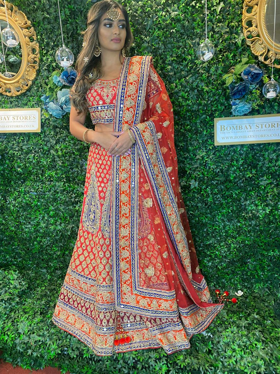 Red & Blue Mirror Work Velvet Lehenga Bridal Partywear