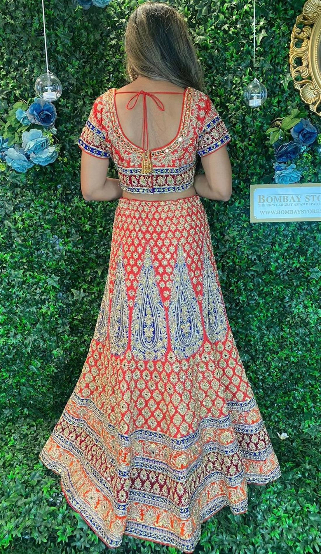 Red & Blue Mirror Work Velvet Lehenga Bridal Partywear