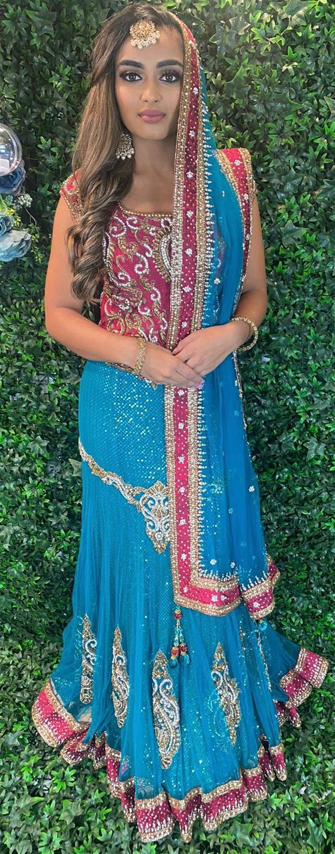 Teal & Majenta Sequinned Silk Lehenga Bridal Partywear