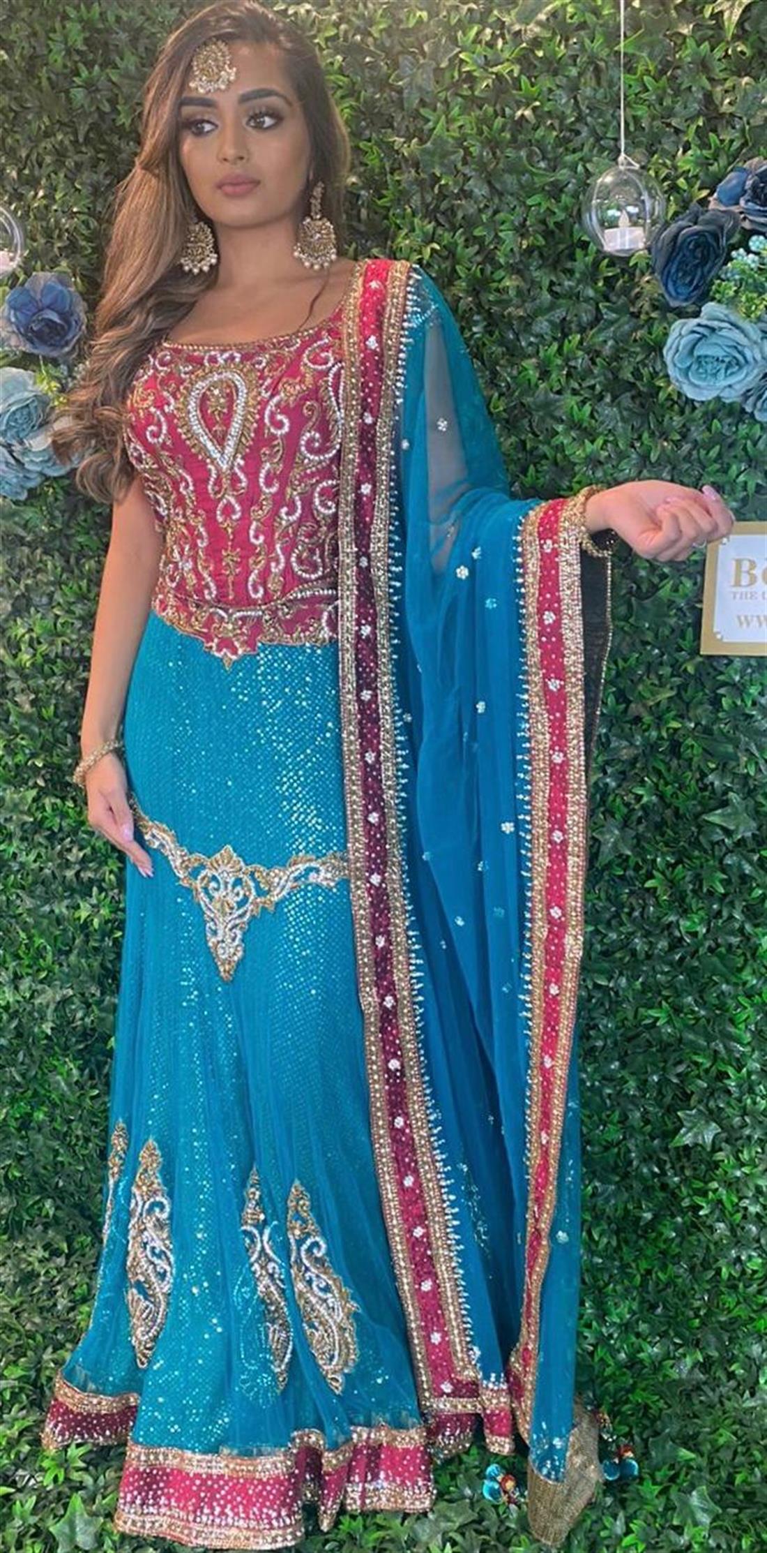 Teal & Majenta Sequinned Silk Lehenga Bridal Partywear
