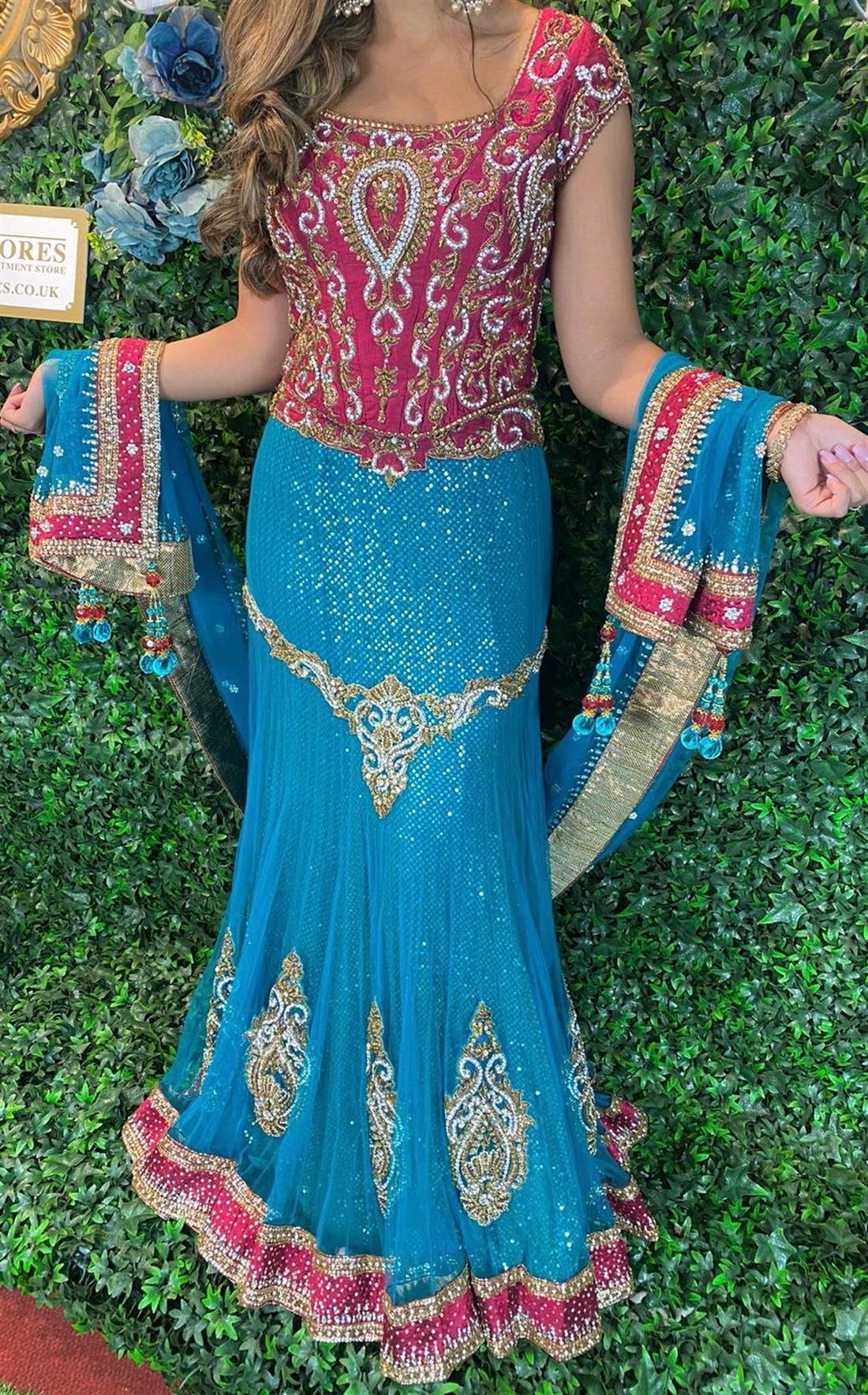 Teal & Majenta Sequinned Silk Lehenga Bridal Partywear