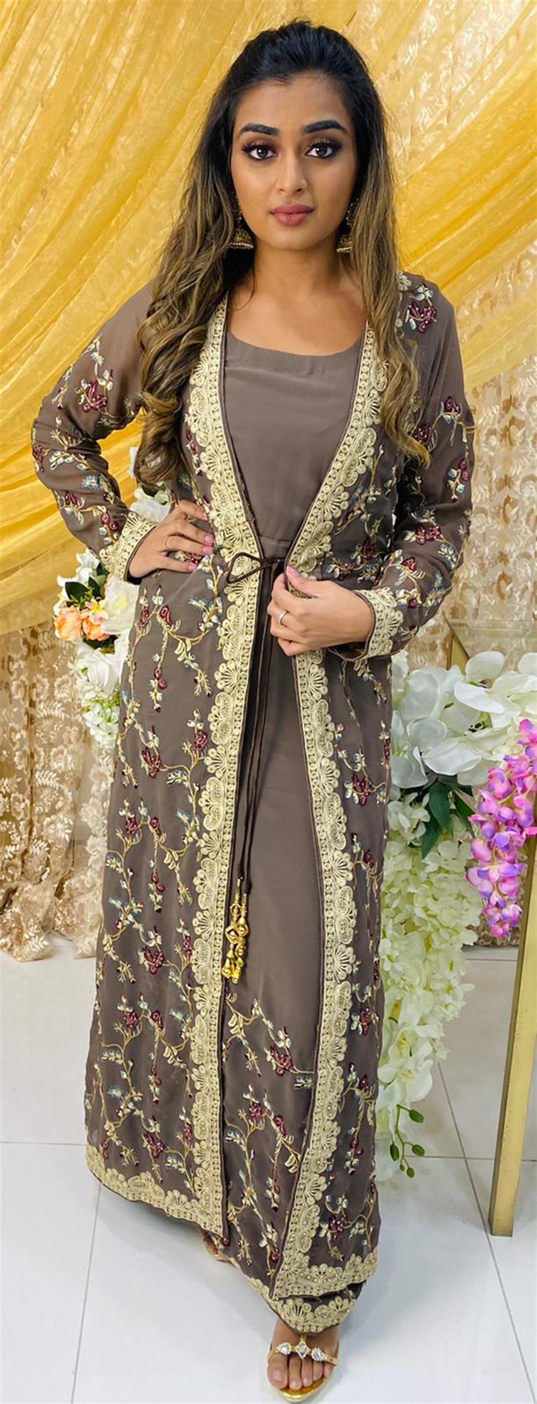 Brown Grey Embroidered Maxi Bridal Partywear