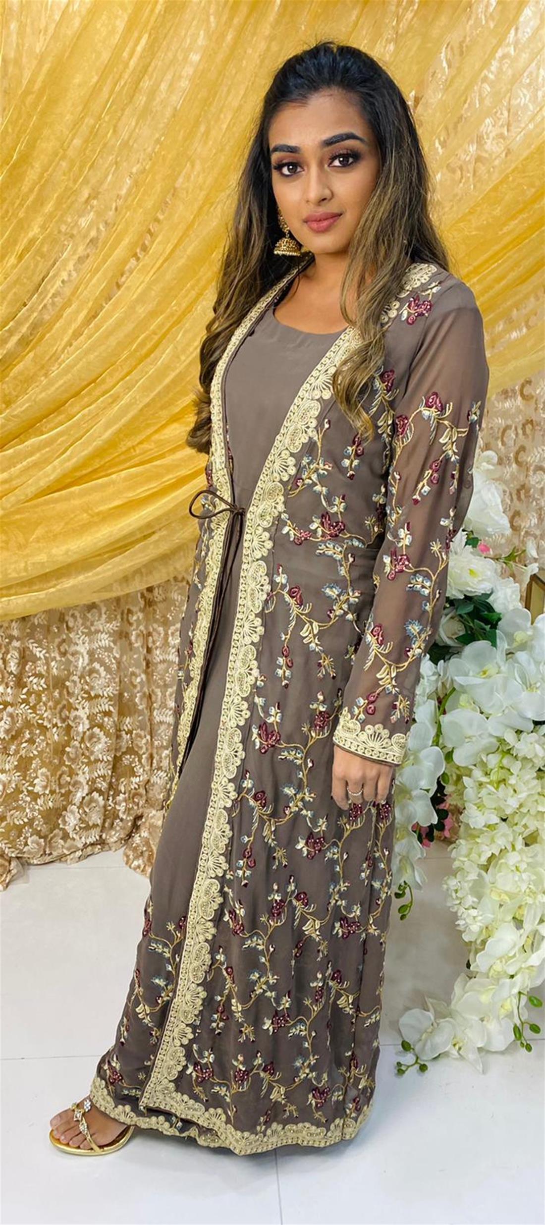 Brown Grey Embroidered Maxi Bridal Partywear