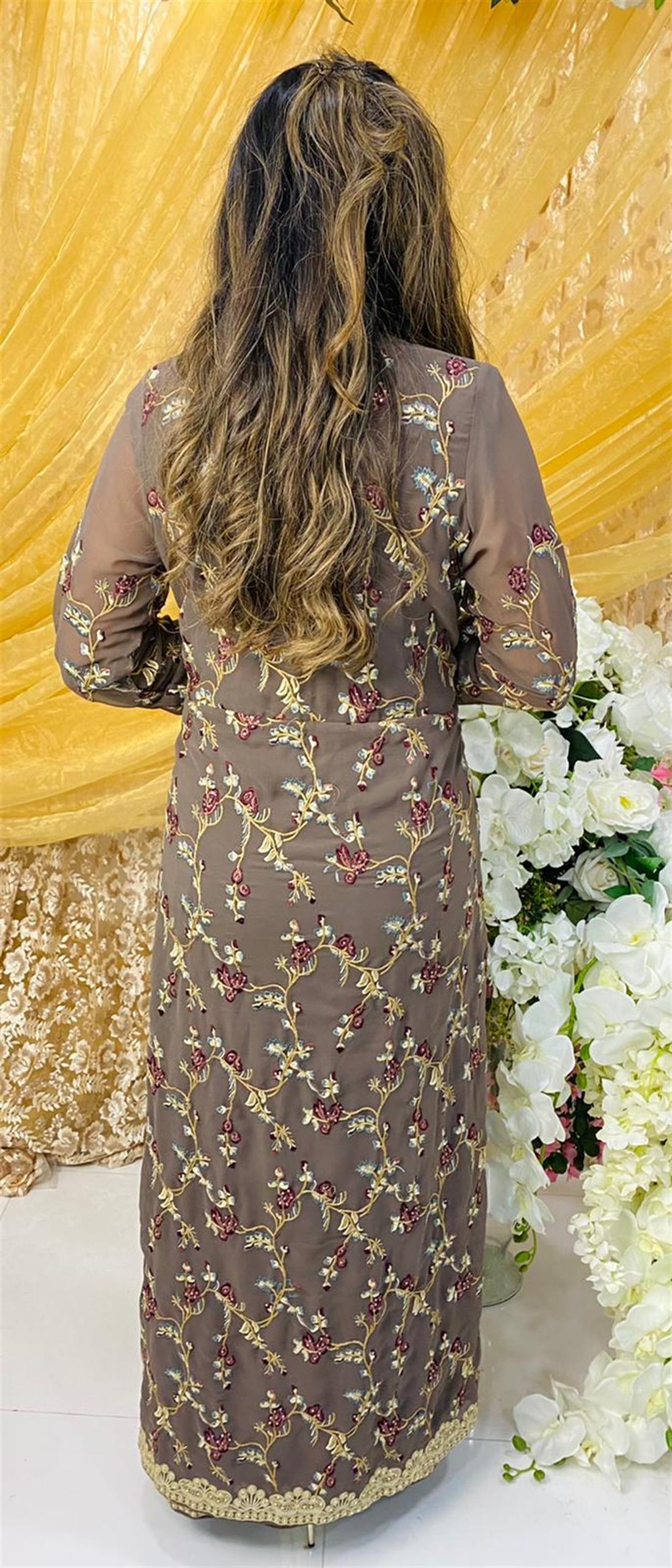Brown Grey Embroidered Maxi Bridal Partywear