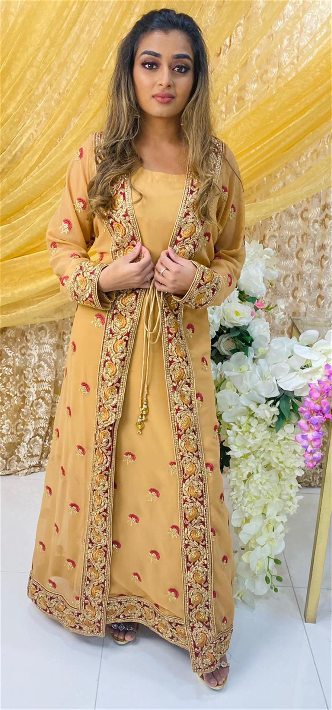 Peach Gold Embroidered Maxi Bridal Partywear